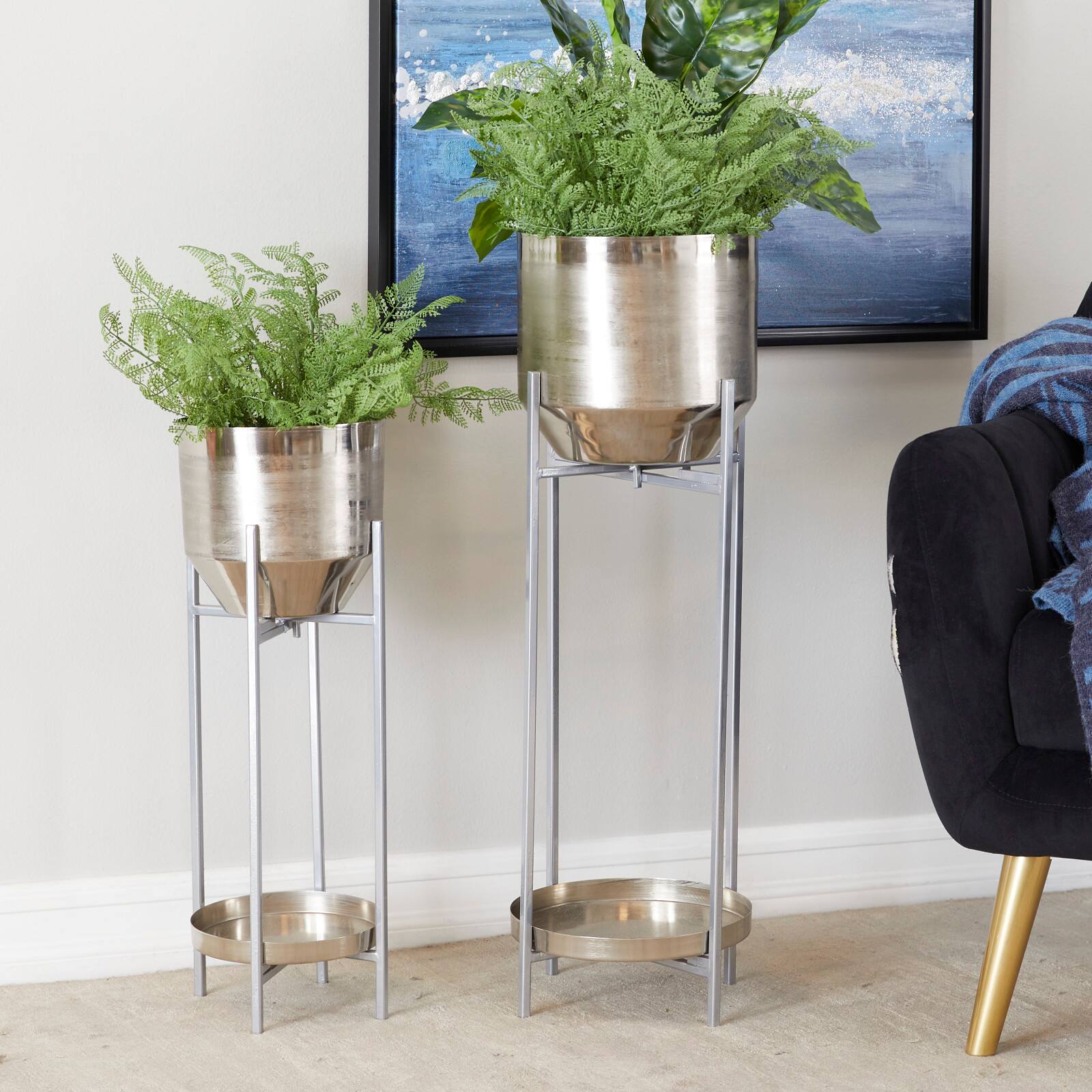 Silver Metal Planter with Removable Stand Set