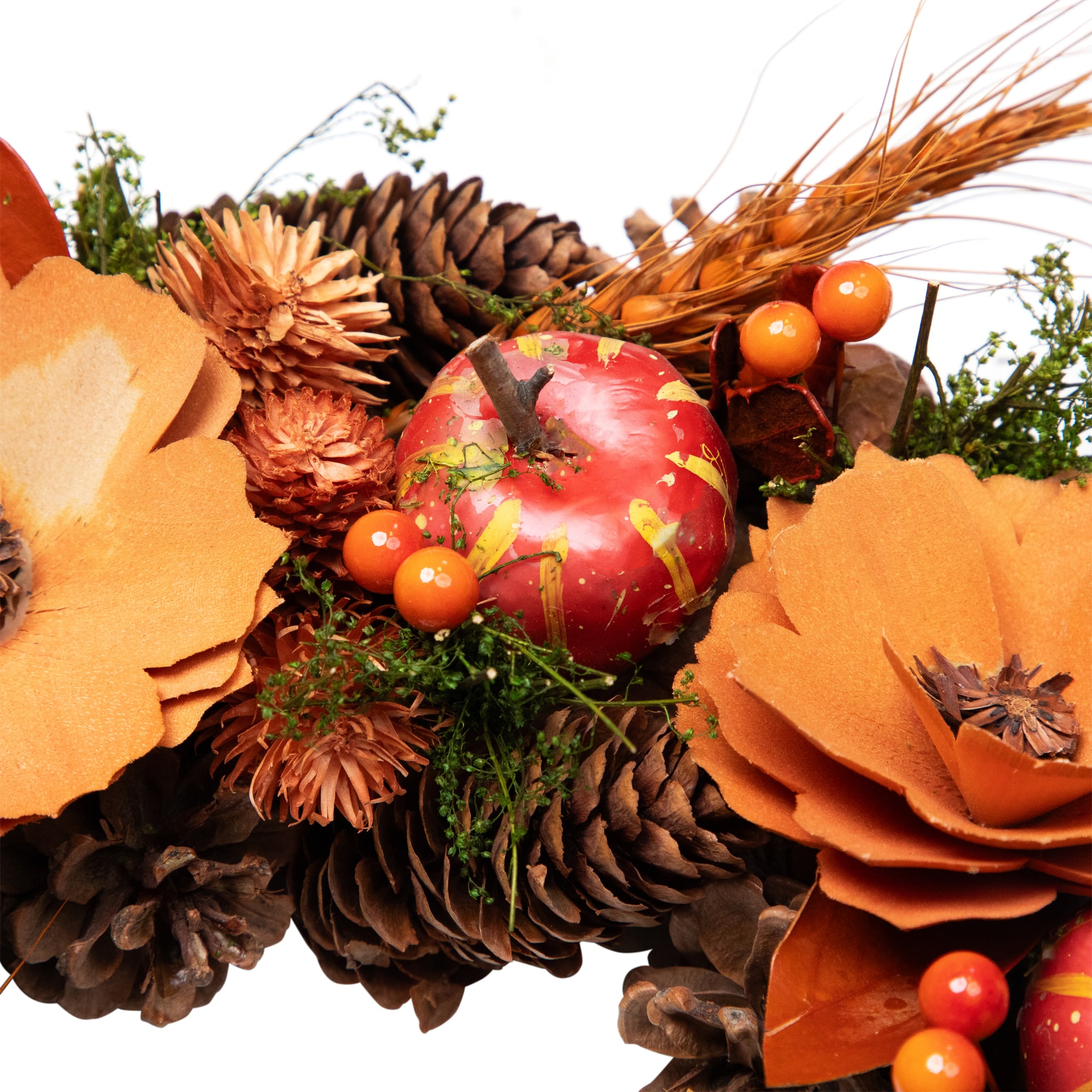 13.25'' Unlit Autumn Harvest Orange Flowers and Gourds Pine Cone Wreath