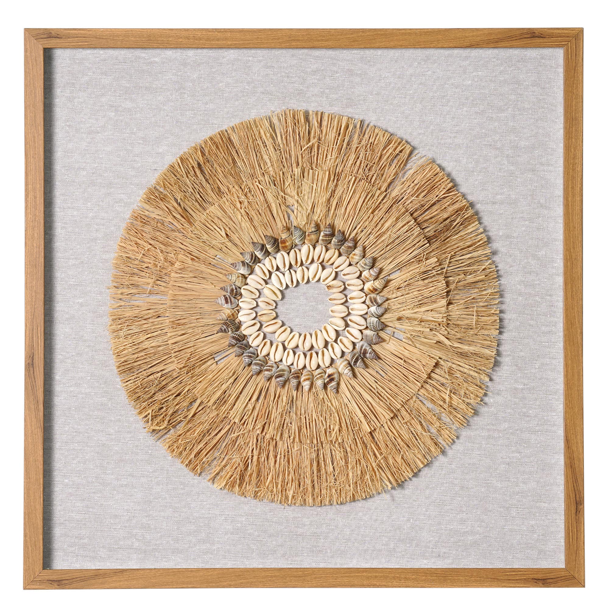 American Art Décor™ 23.5" Boho Handmade Framed Straw Shell and Linen Wall Art Décor