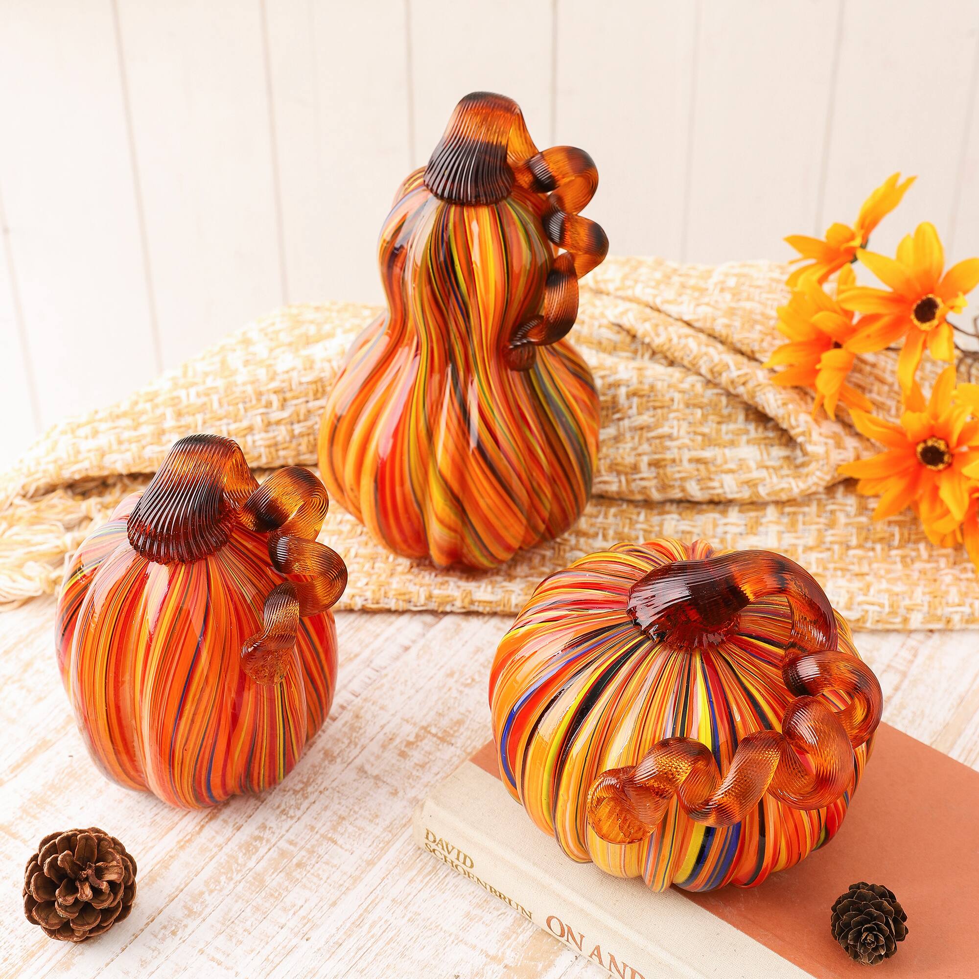Glitzhome&#xAE; Multi Striped Glass Pumpkin &#x26; Gourd Set
