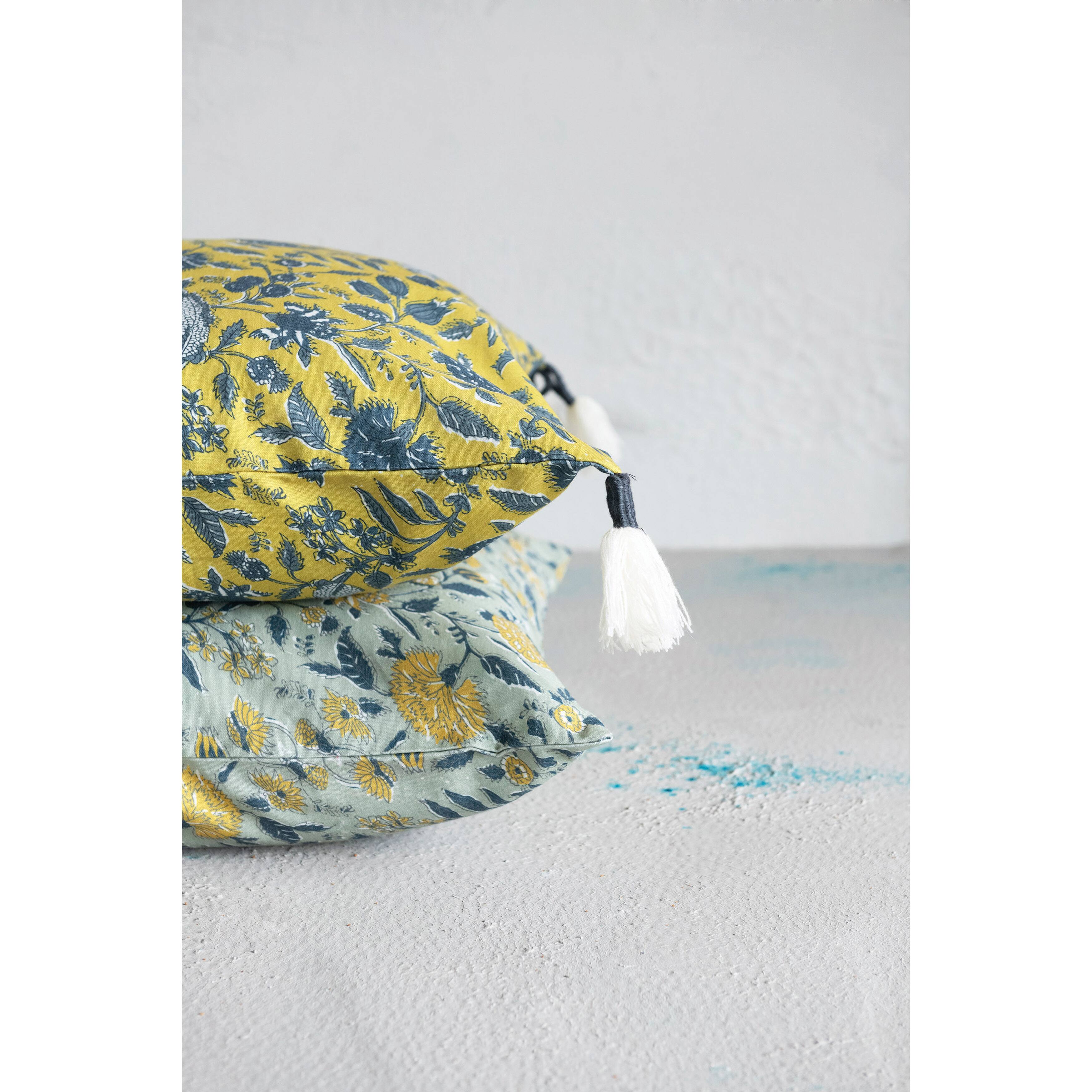 Hello Honey® Chartreuse & Blue Floral Pattern Cotton Pillow with Yarn-Wrapped Tassels