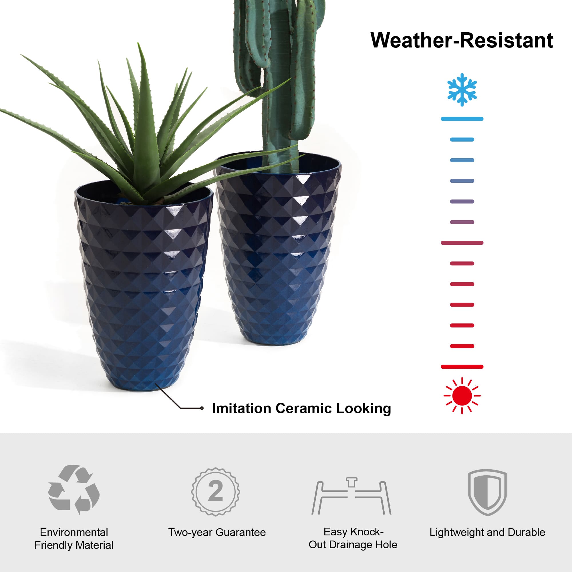 Glitzhome® Eco-Friendly Oversized Faux Cobalt Blue Ceramic Tall Bowl Plastic Pot Planter Set