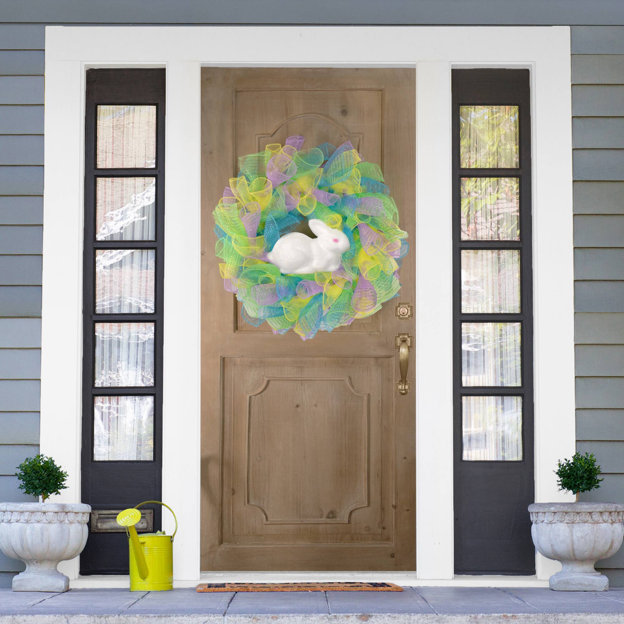 Colorful Deco Mesh Ribbon Easter Bunny Wreath 24" unlit