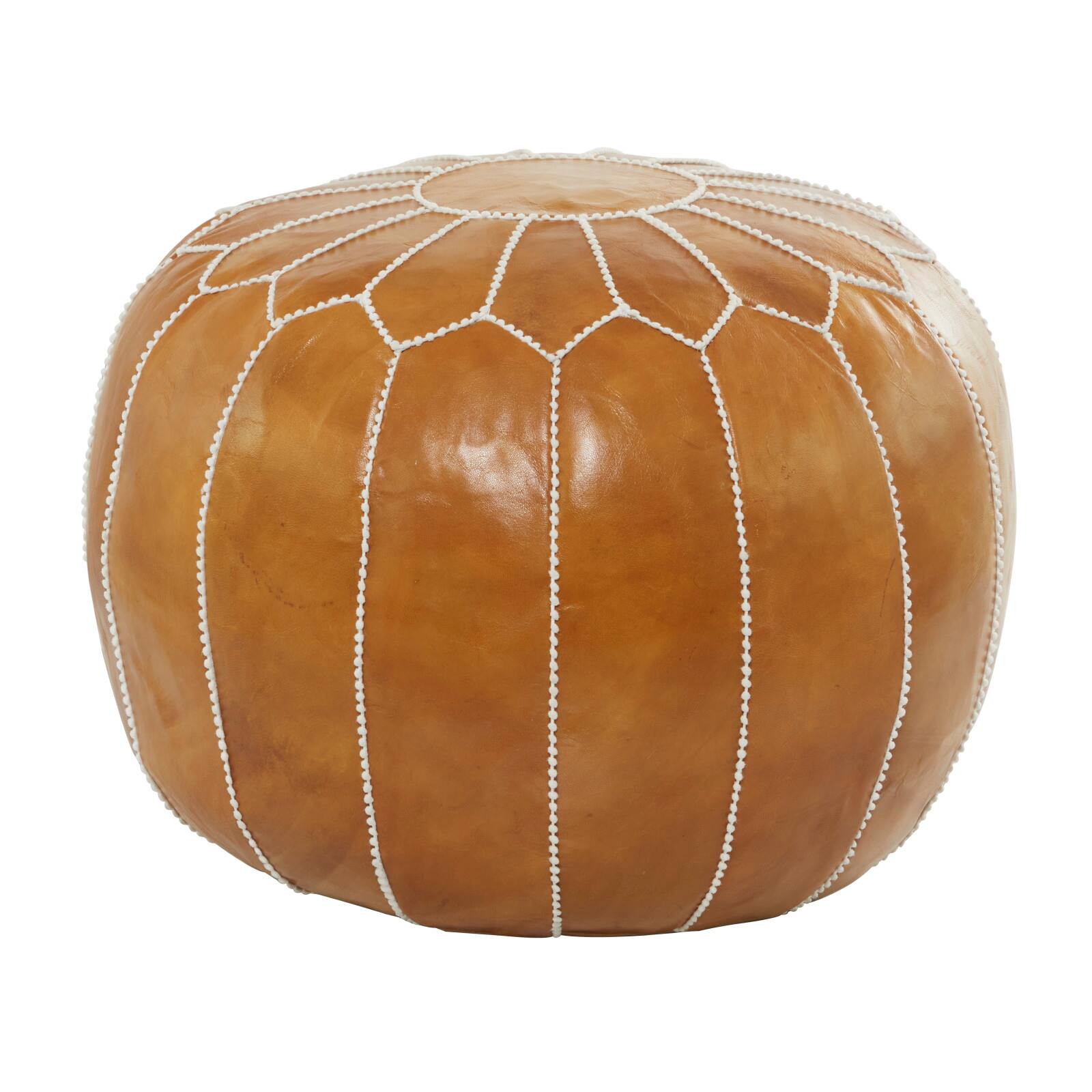 Light Brown Leather Bohemian Pouf, 24&#x22; x 24&#x22; x 18&#x22;