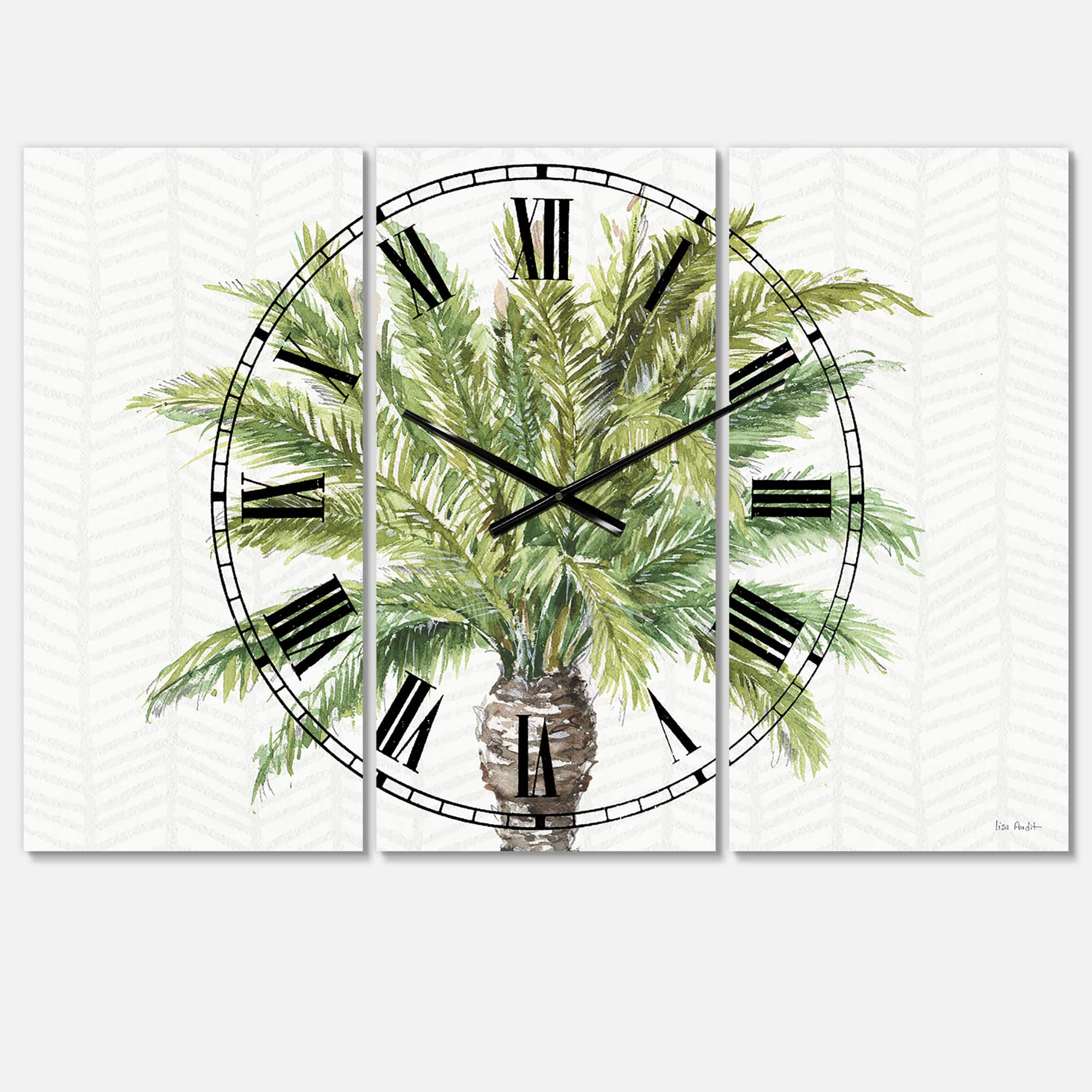 Designart Mixed Botanical Greens Palms IV Farmhouse 3 Panel Wall Clock