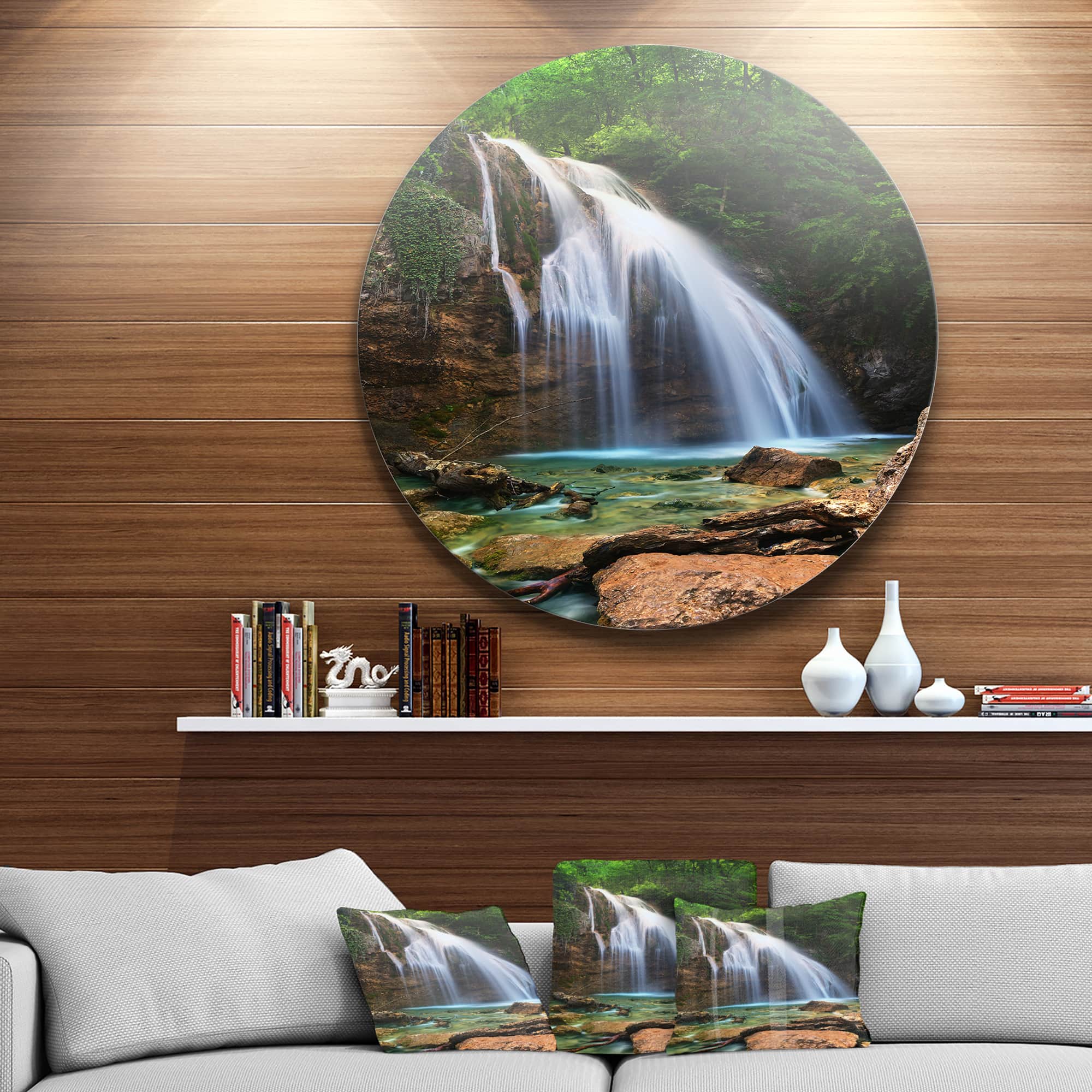 Designart - Djur Djur Waterfall&#x27; Landscape Photography Circle Metal Wall Art