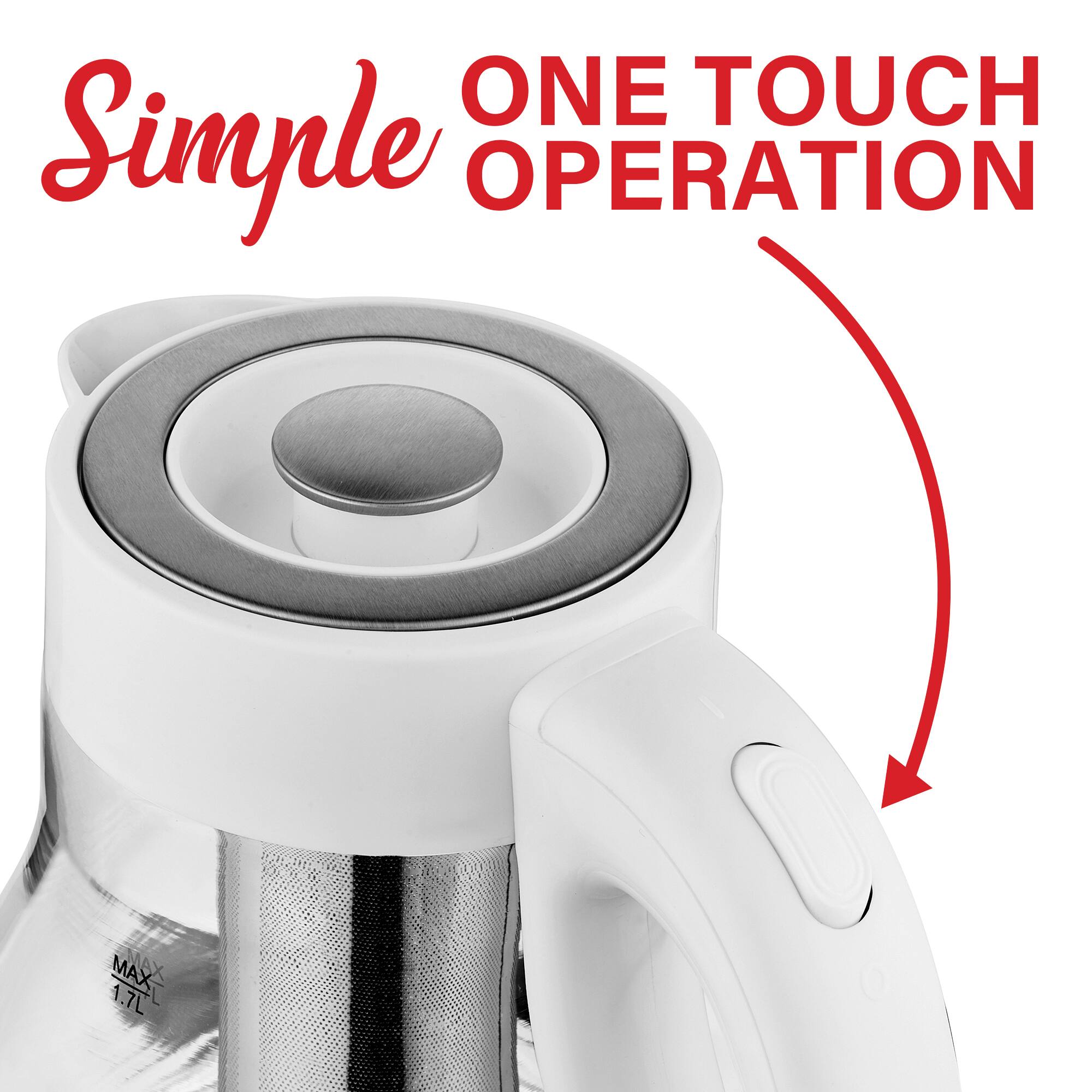 Brentwood 1.79qt. White Cordless Glass Electric Kettle with Tea Infuser and Swivel Base