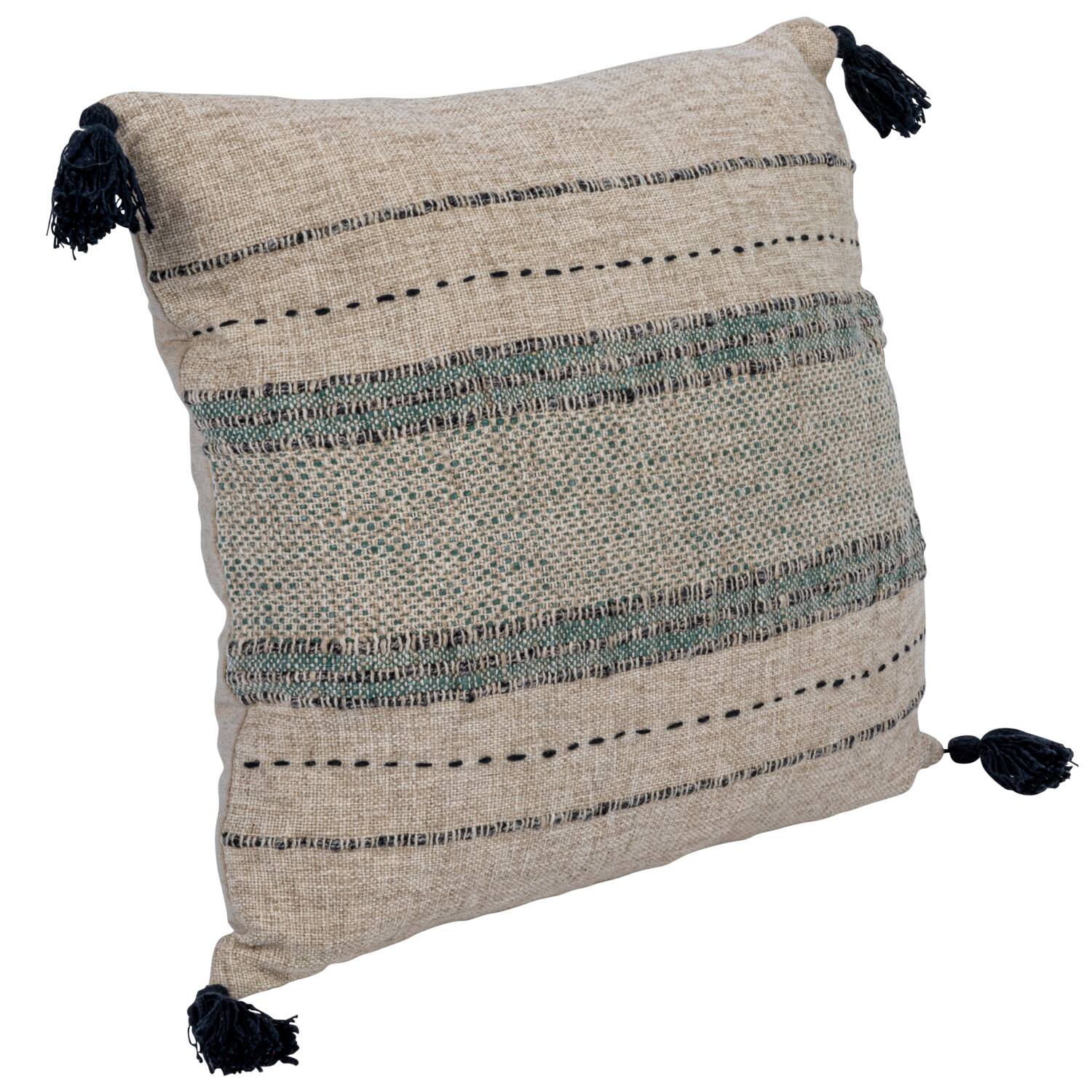 Hand-Embroidered Stripes Cotton & Linen Blend Pillow with Tassels