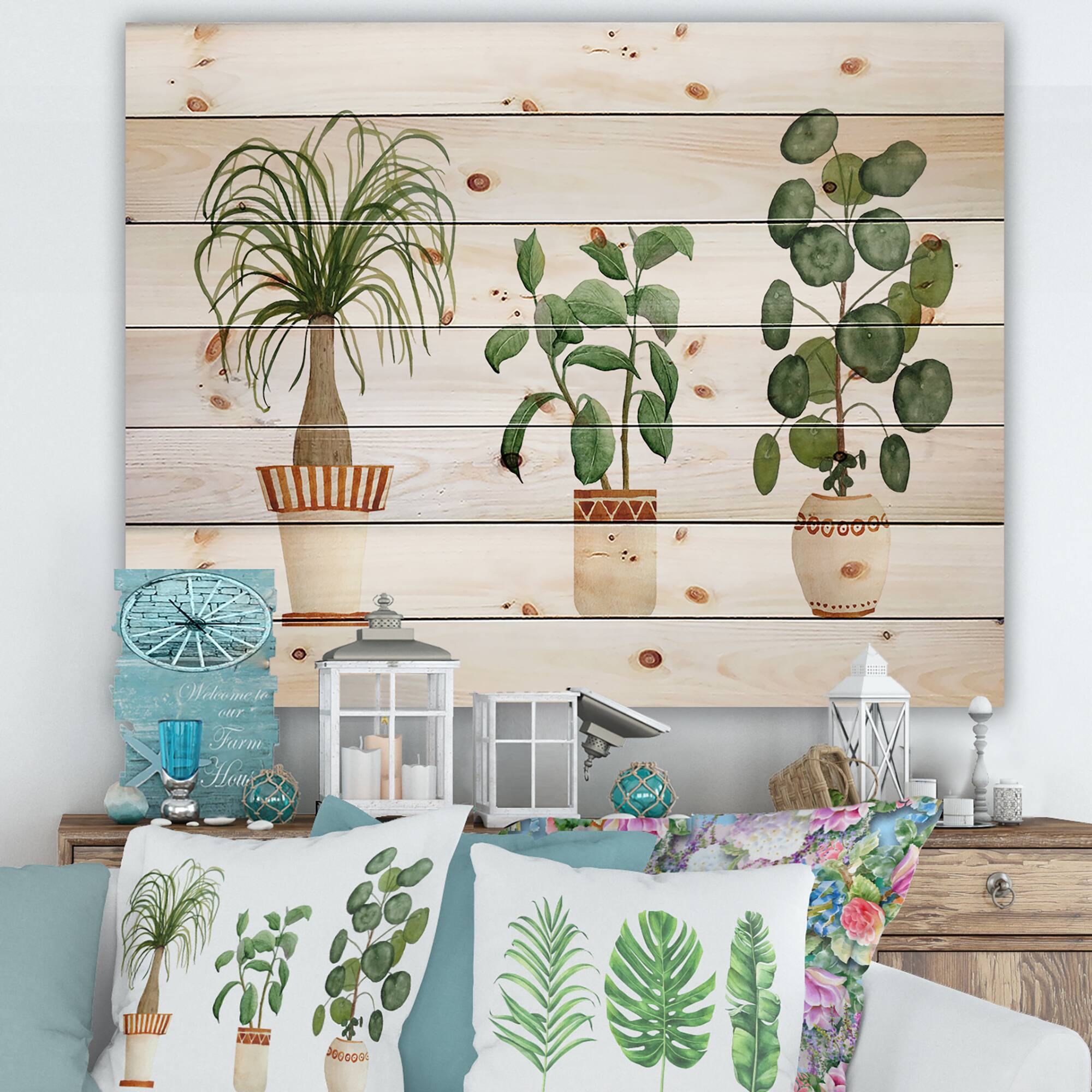 Designart - Trio of House Plants Ponytail Palm and Ficus - Traditional Print on Natural Pine Wood