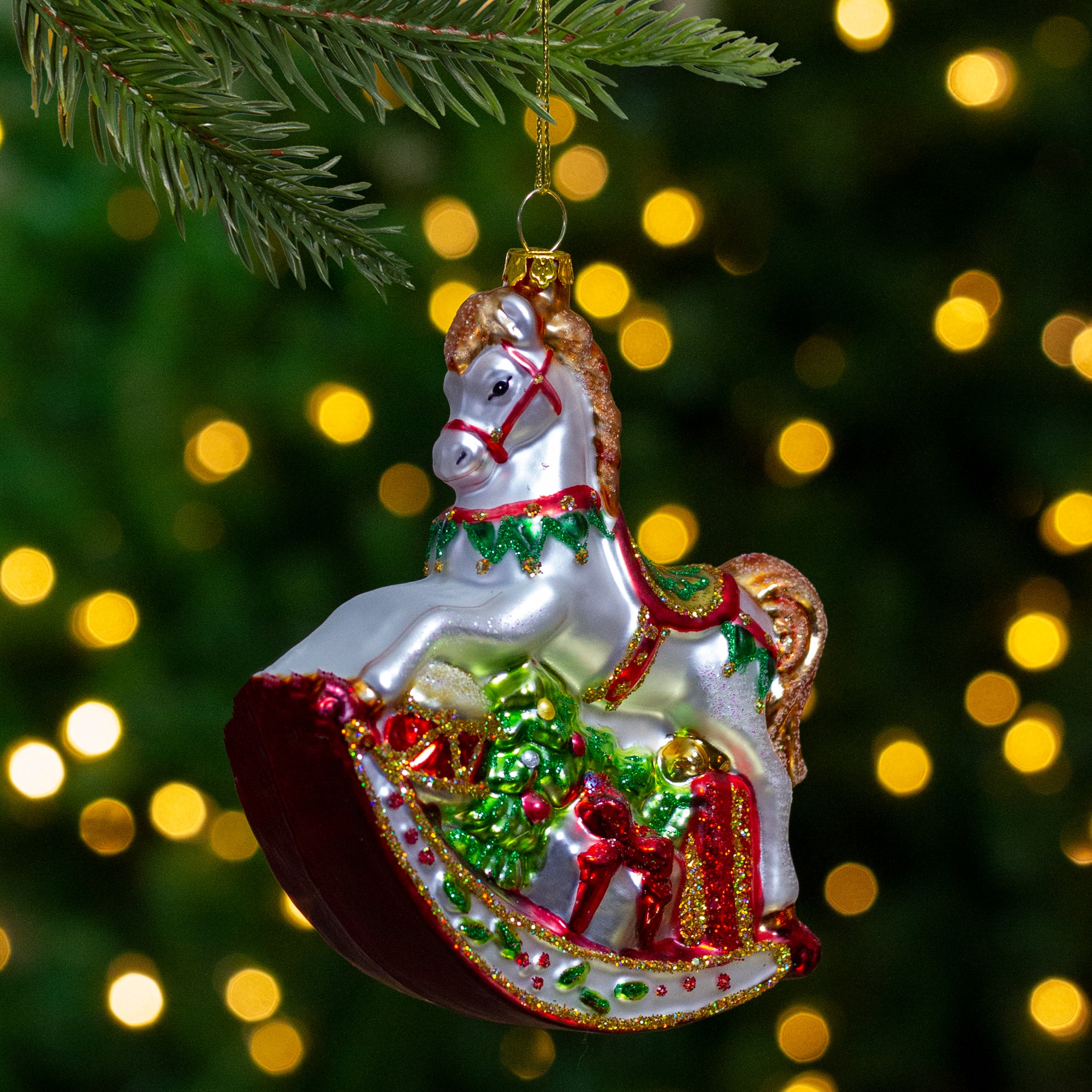 5&#x22; Glass Traditional Rocking Horse with Gifts Ornament