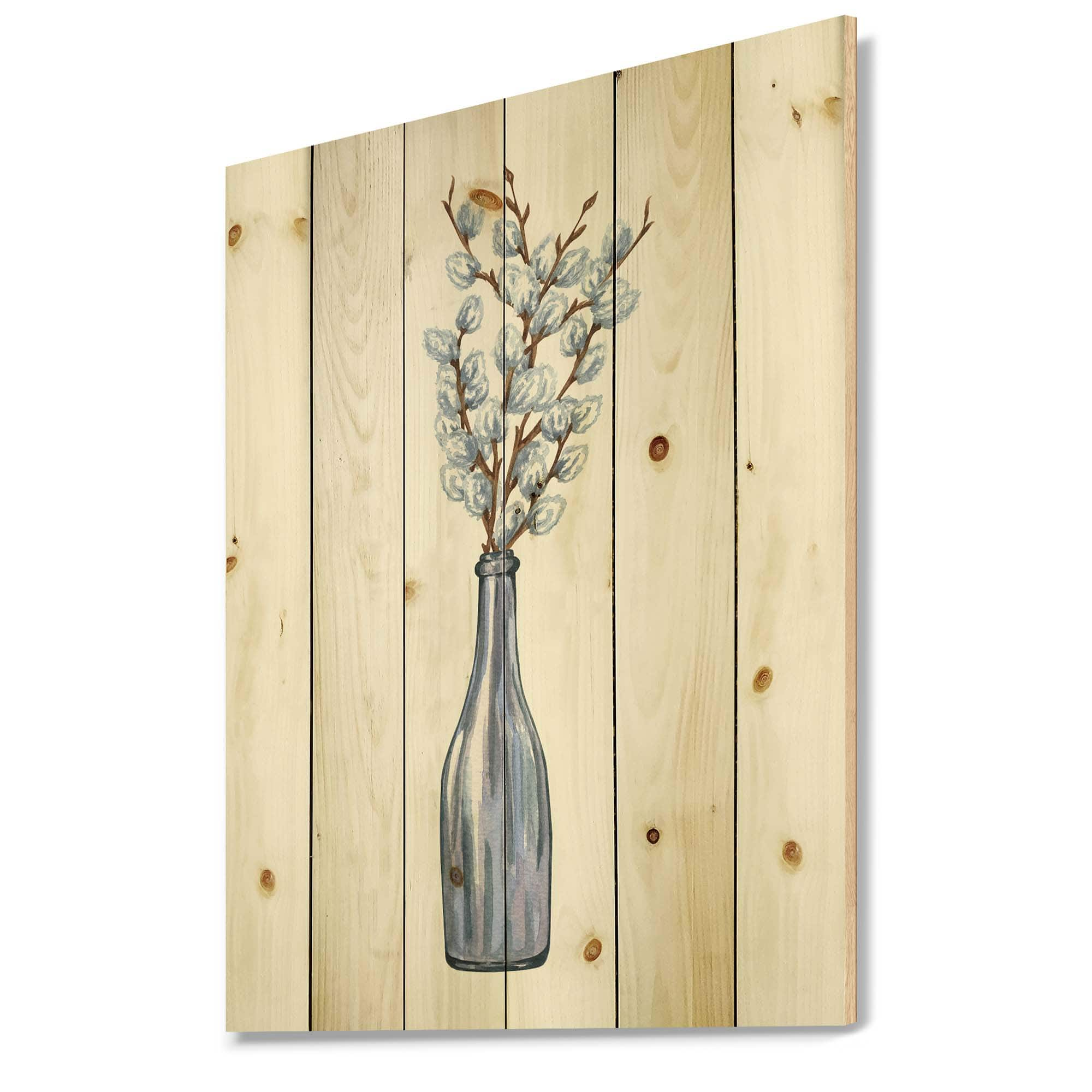 Designart - Bunch of Pussy Willow Twigs II - Farmhouse Print on Natural Pine Wood