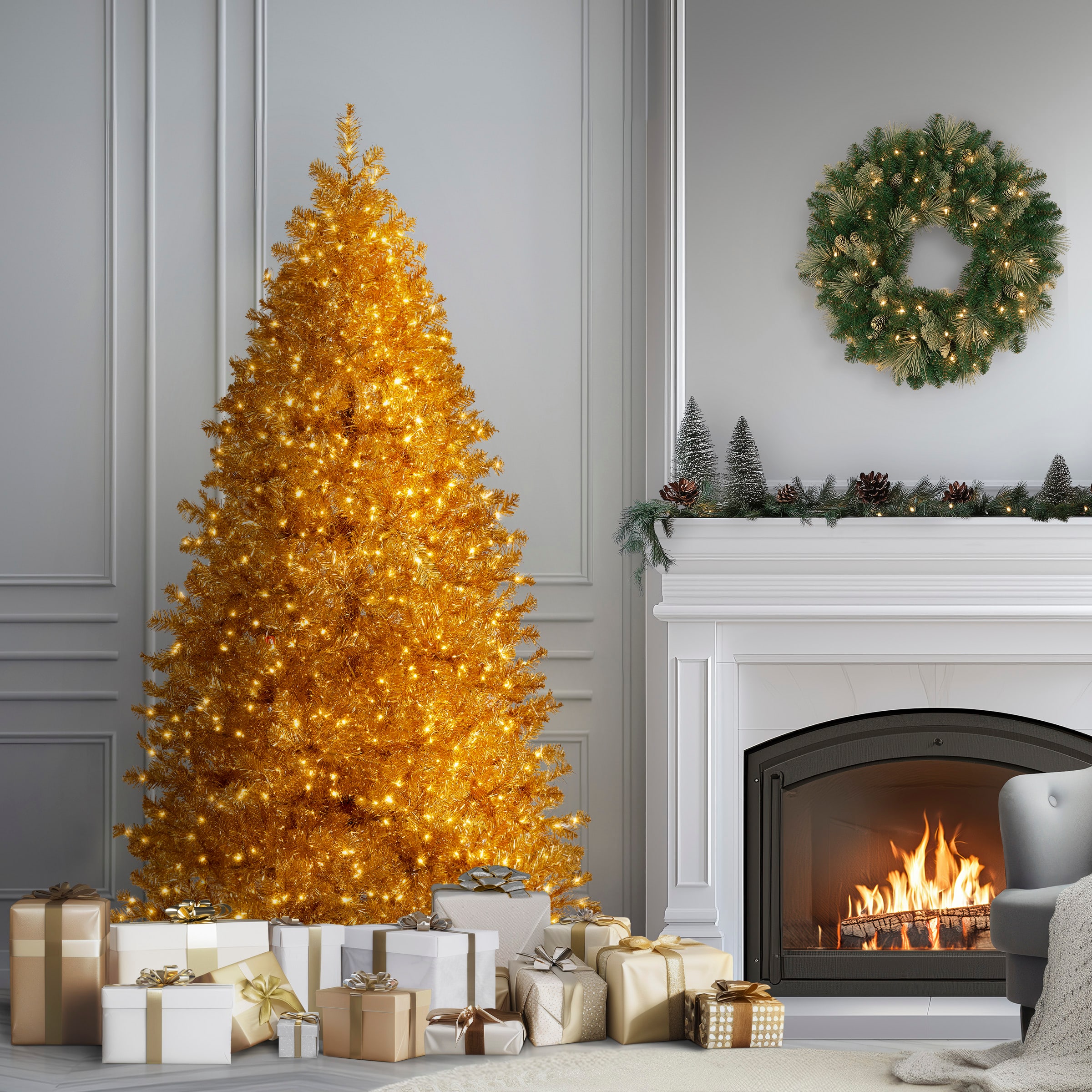 7.5ft. Pre-Lit True Gold Metallic Artificial Christmas Tree, Clear LED Infinity Lights&#xAE;