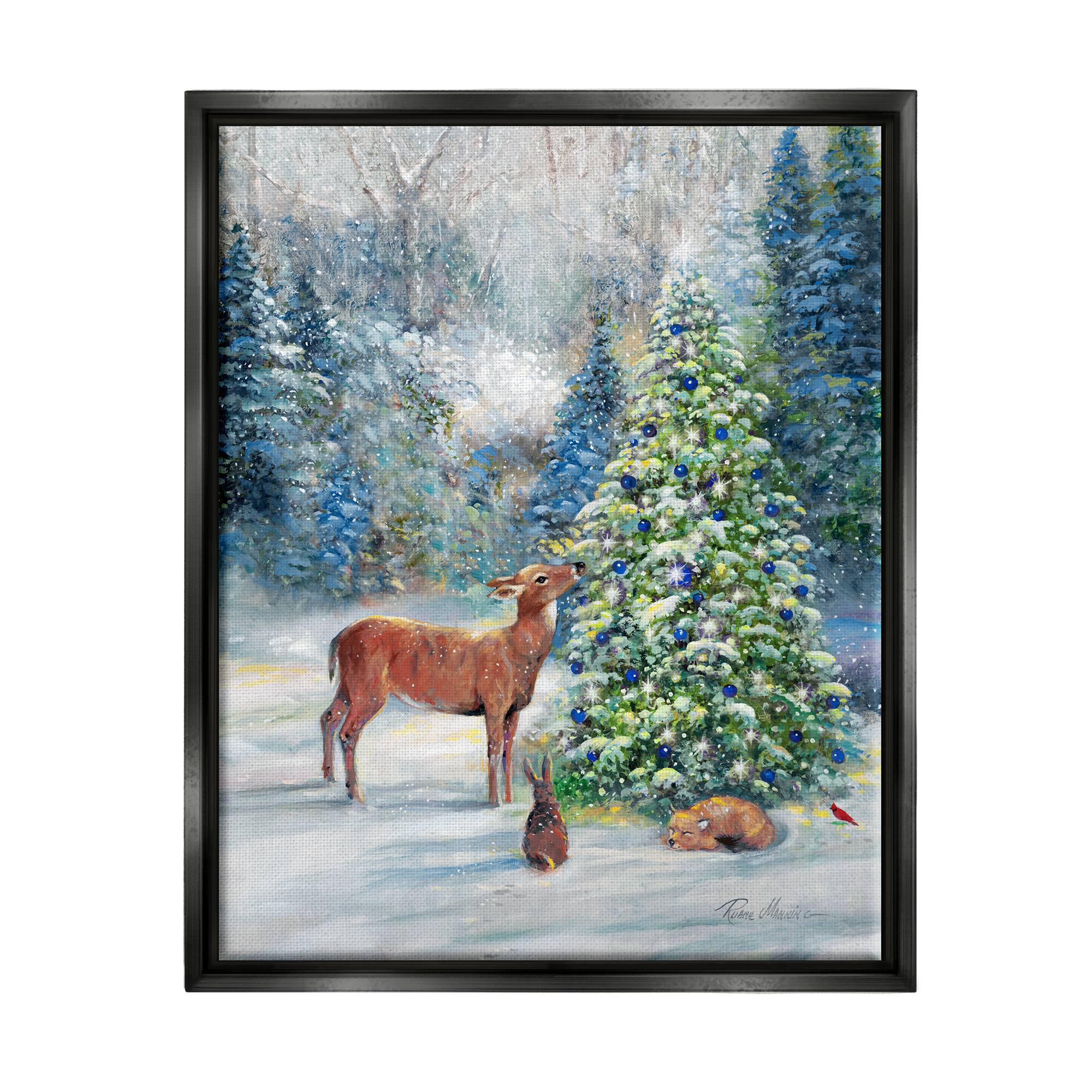 Stupell Industries Winter Woodland Animals Tree Framed Floater Canvas Wall Art