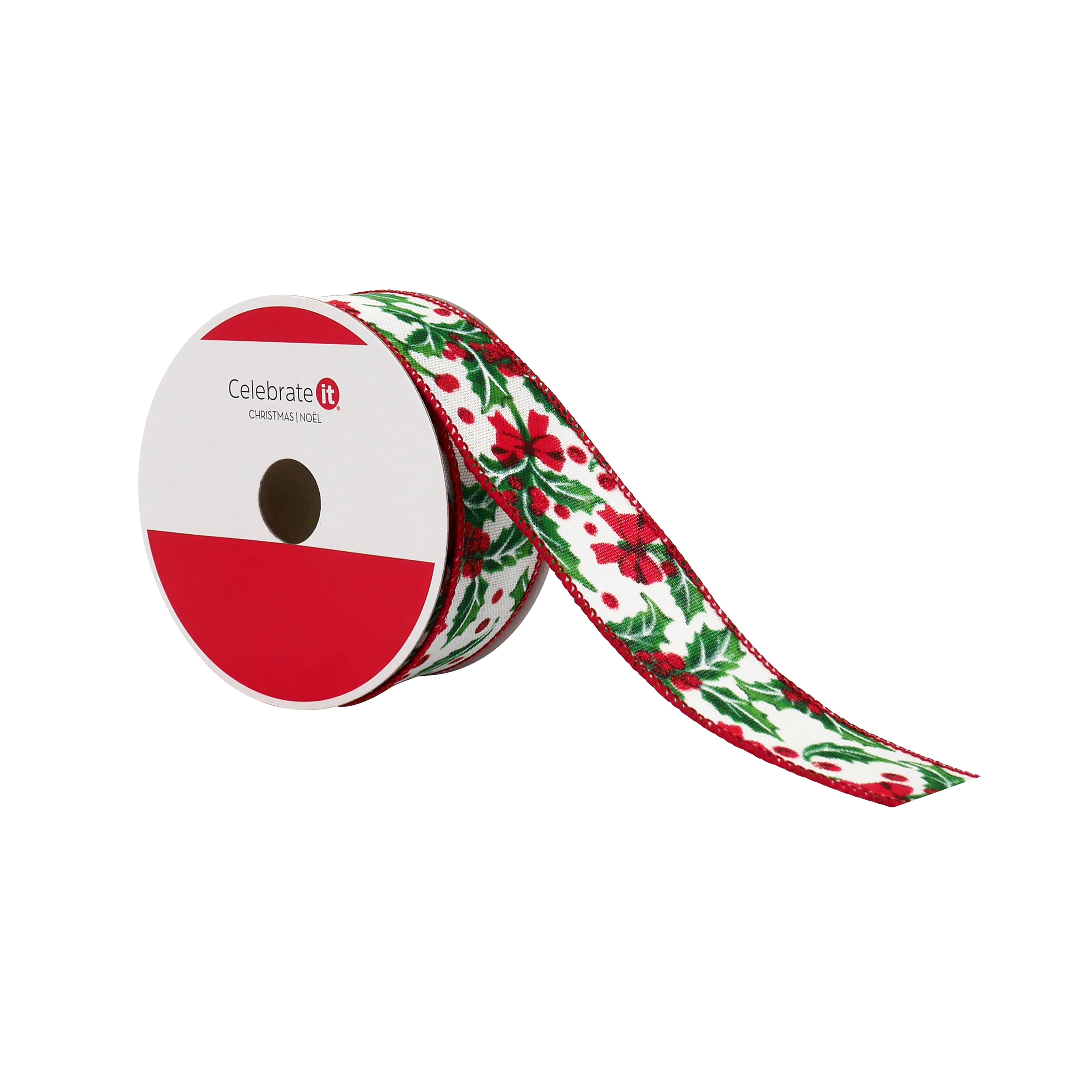 1.5&#x22; x 30ft. Holly &#x26; Bows Wired Ribbon by Celebrate It&#xAE;