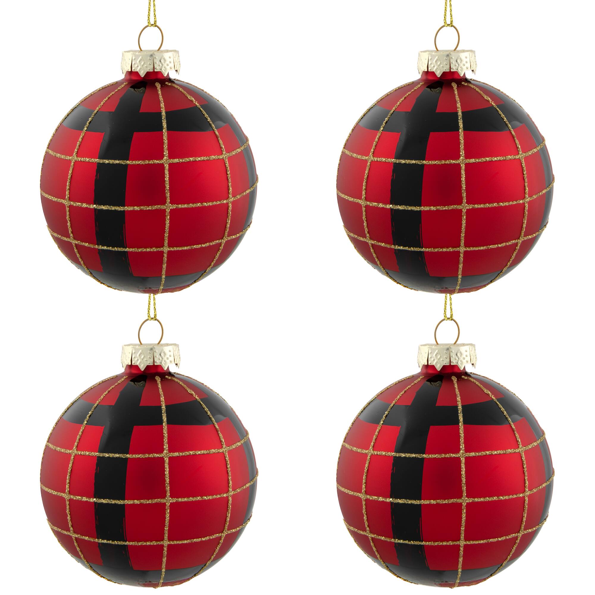 4ct. 3" Red, Black & Gold Plaid Glass Ball Ornaments
