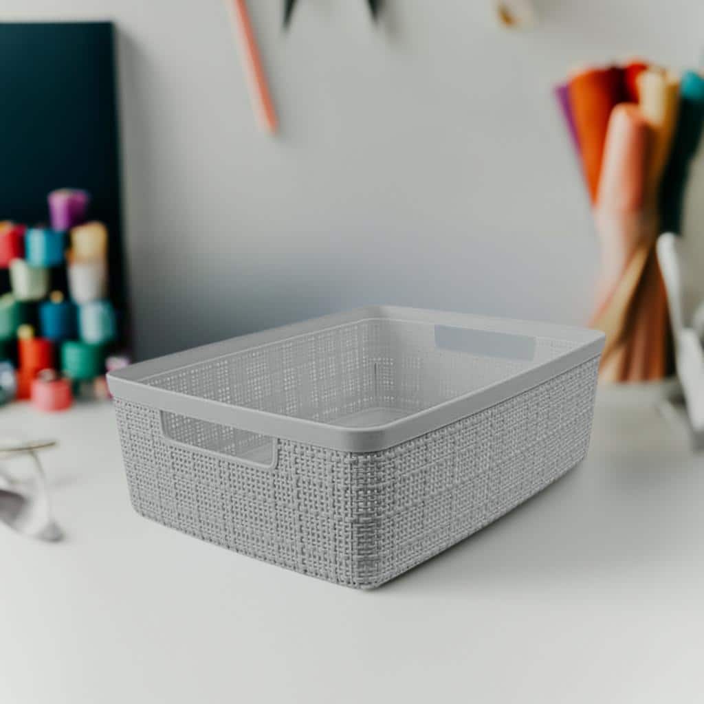 Panier de rangement en plastique gris &#xE0; motif de jute de Curver