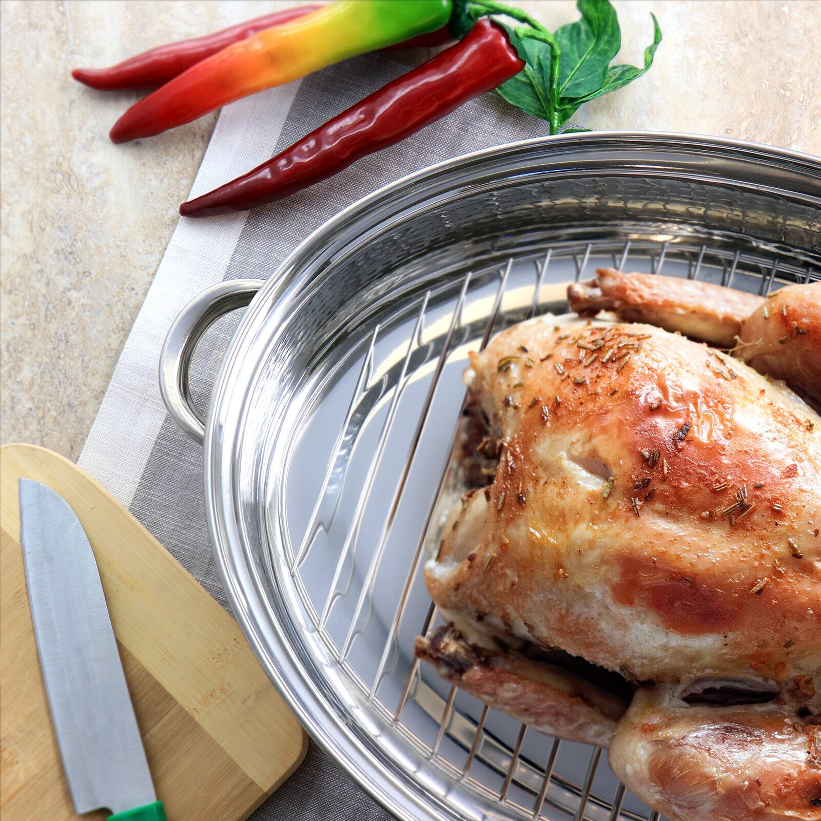 Gibson Home® Radiance 15.5'' Stainless Steel Oval Roaster with Lid and Roasting Rack