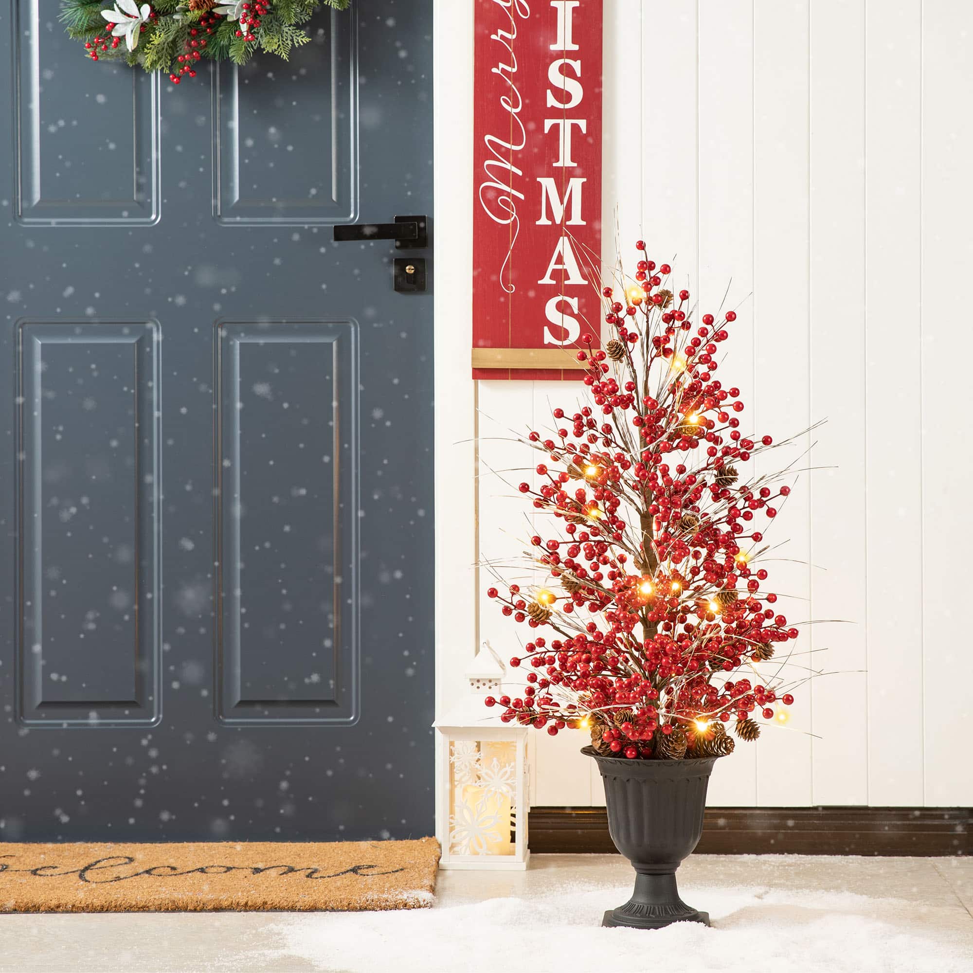 3ft. Pre-Lit Berry &#x26; Pinecone Artificial Urn Christmas Porch Tree, Warm White LED Lights