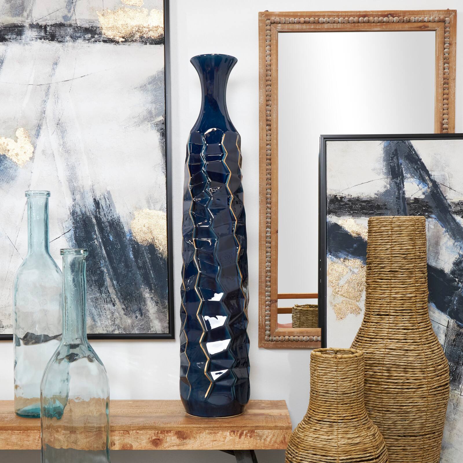 Teal Ceramic Tall Geometric Floor Vase with Gold Accents