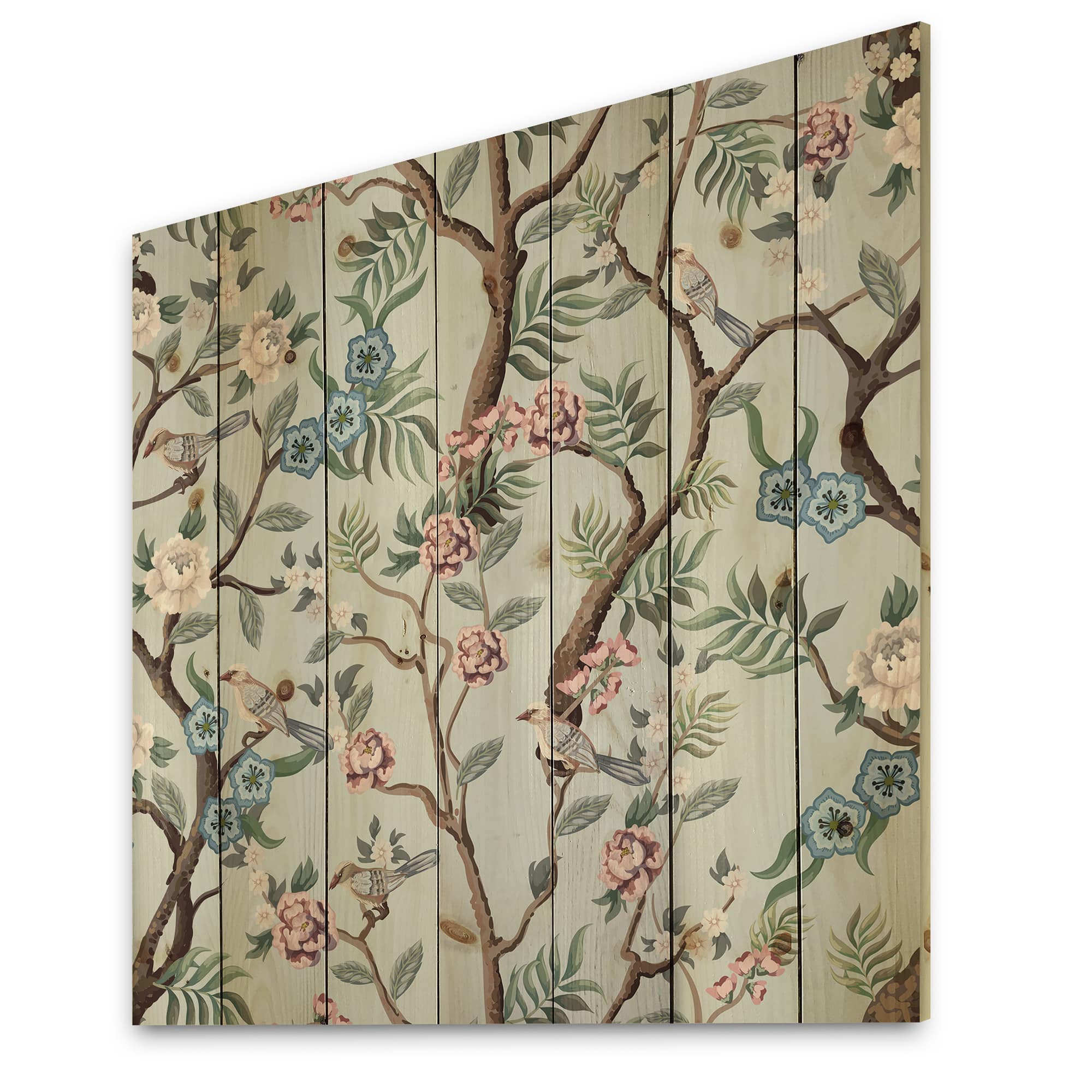 Designart - Chinoiserie With Birds and Peonies X - Traditional Print on Natural Pine Wood
