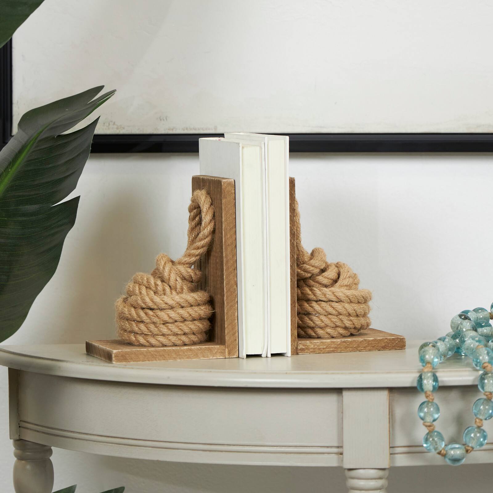 7" Brown Wood Knot Rope Bookends with Distressed L-Shaped Stands Set