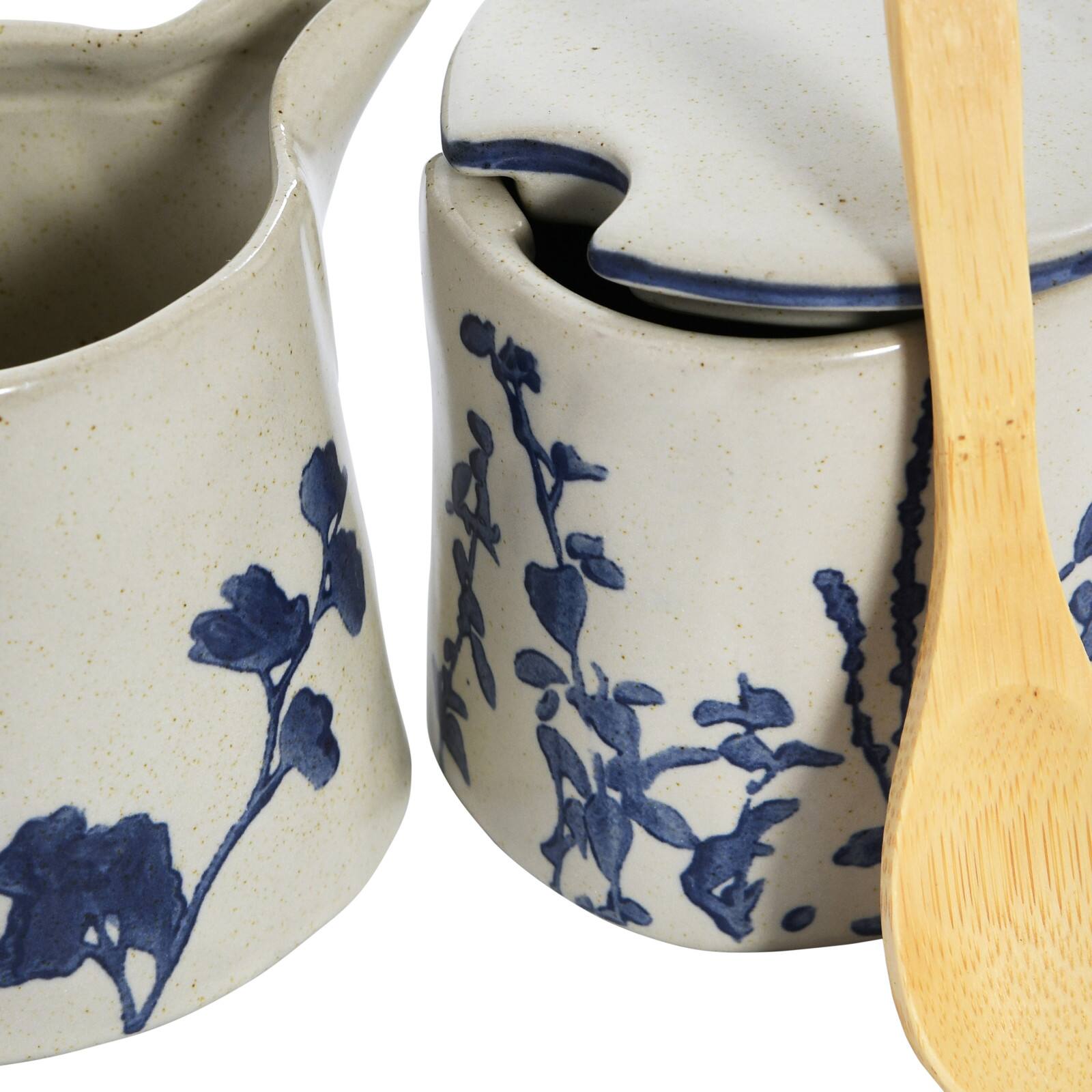 Hello Honey&#xAE; Antique White &#x26; Blue Hand Stamped Stoneware Sugar Pot &#x26; Creamer Set