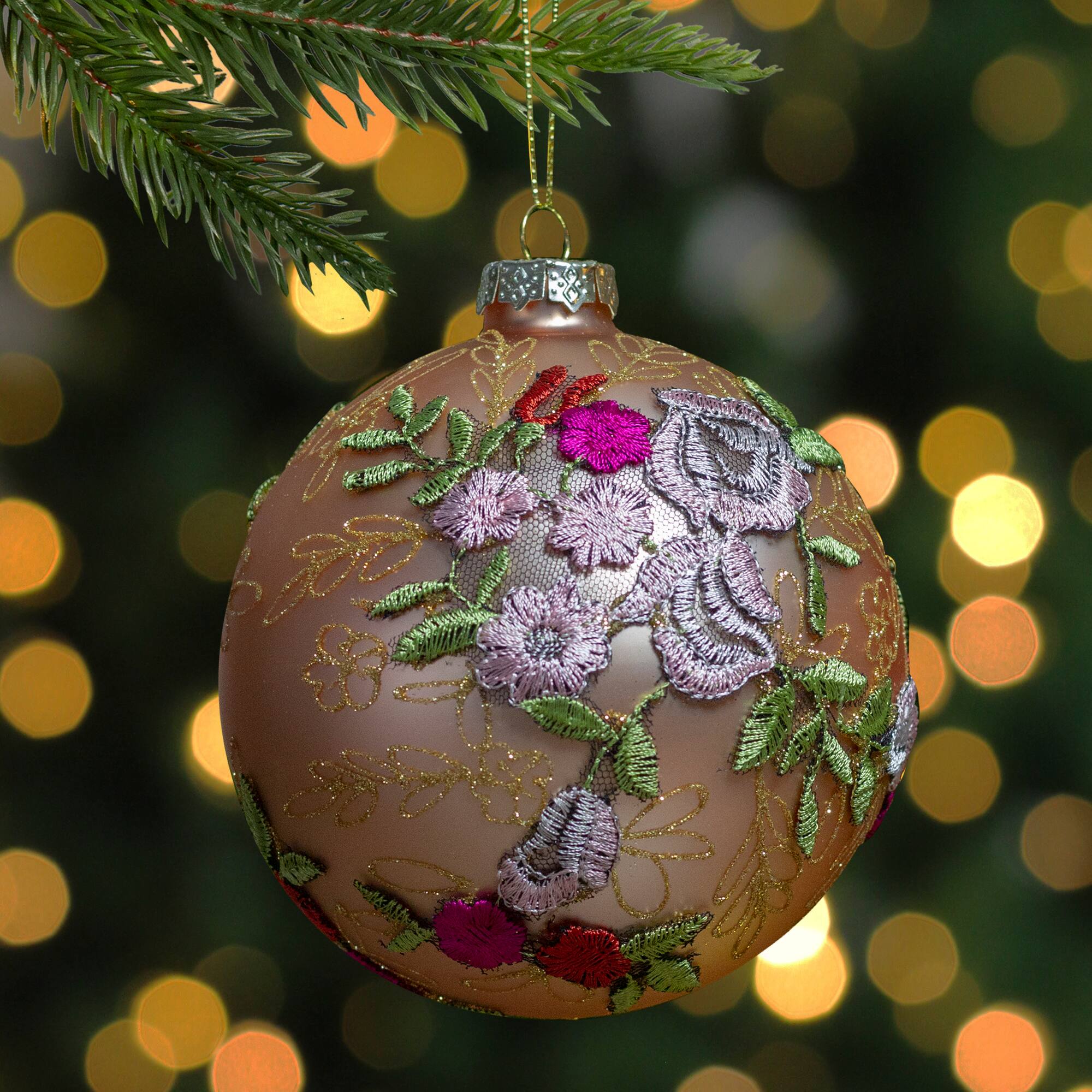 4.5&#x22; Pink Floral Applique Glass Ball Ornament