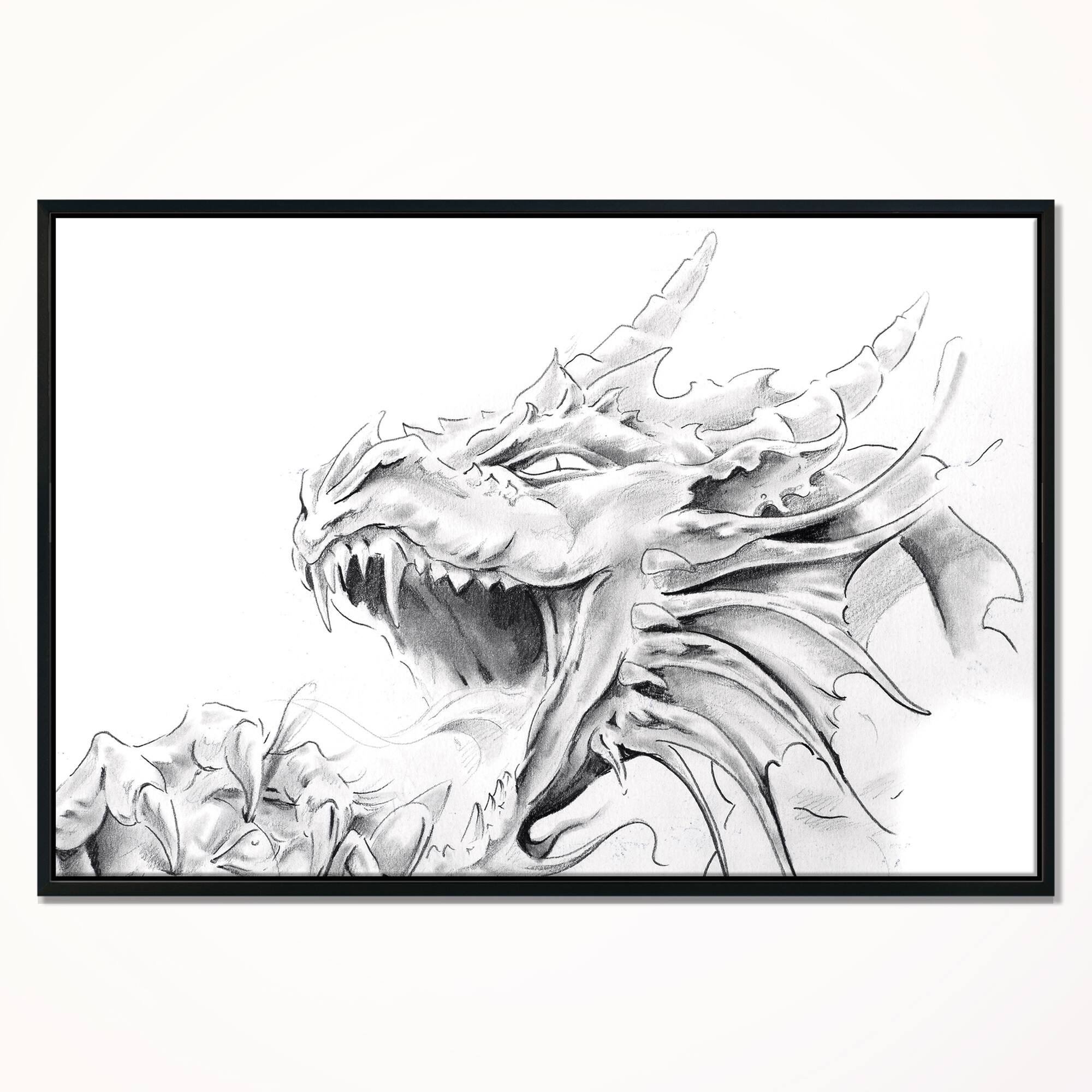 Designart - Dragon Tattoo Sketch - Abstract Print On Canvas in Black Frame