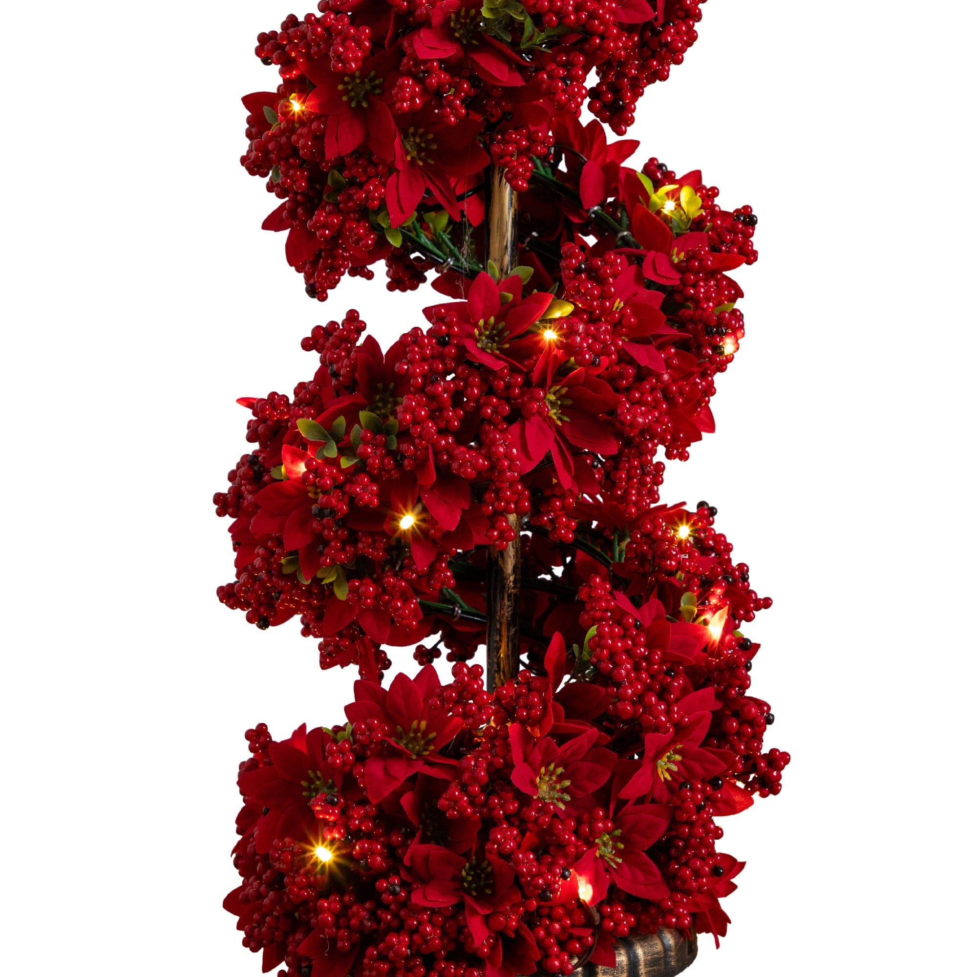 3ft. Pre-Lit Artificial Christmas Poinsettias and Berries Spiral Topiary Tree with 30 Warm White LED Lights
