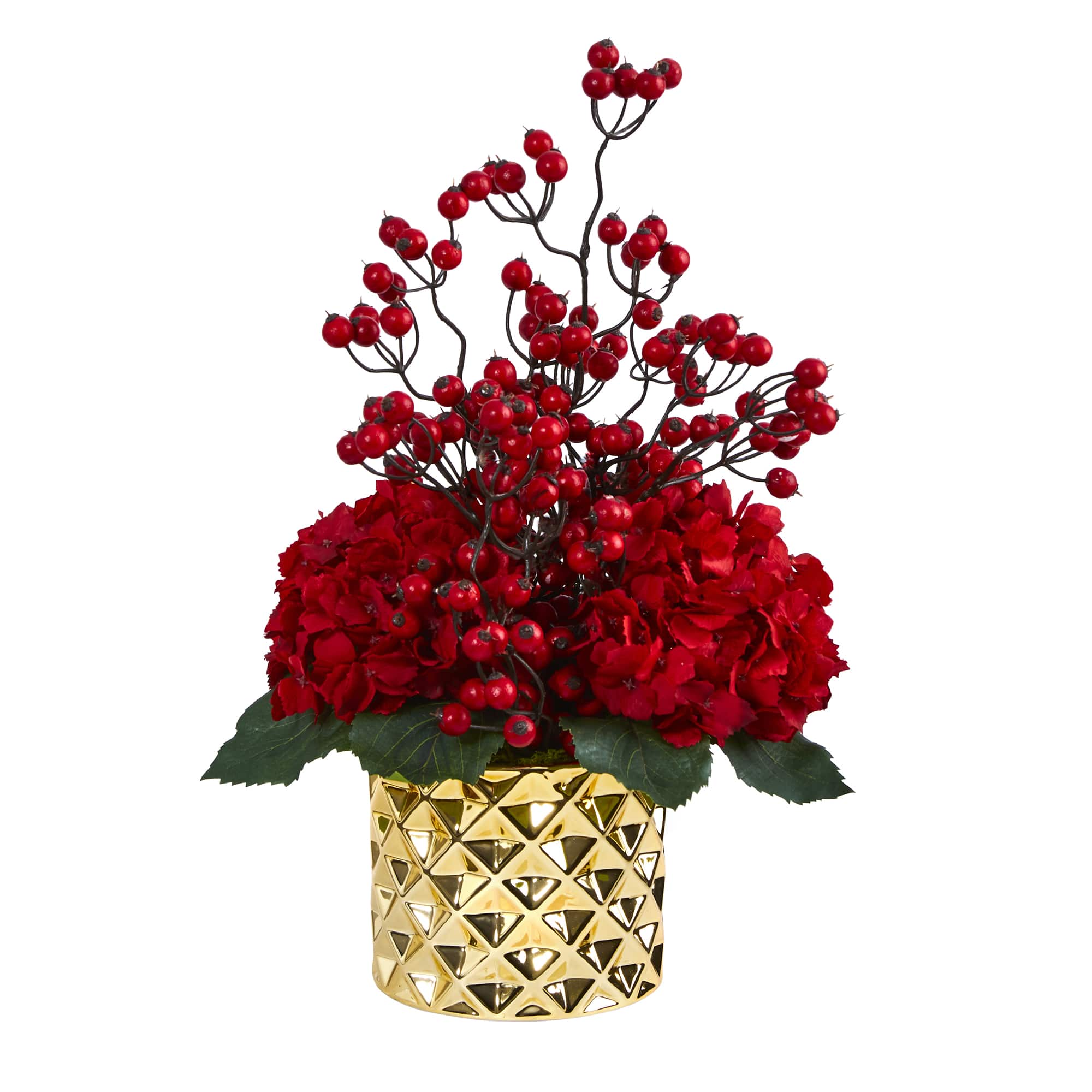 18&#x22; Hydrangea &#x26; Berries Arrangement in Gold Vase