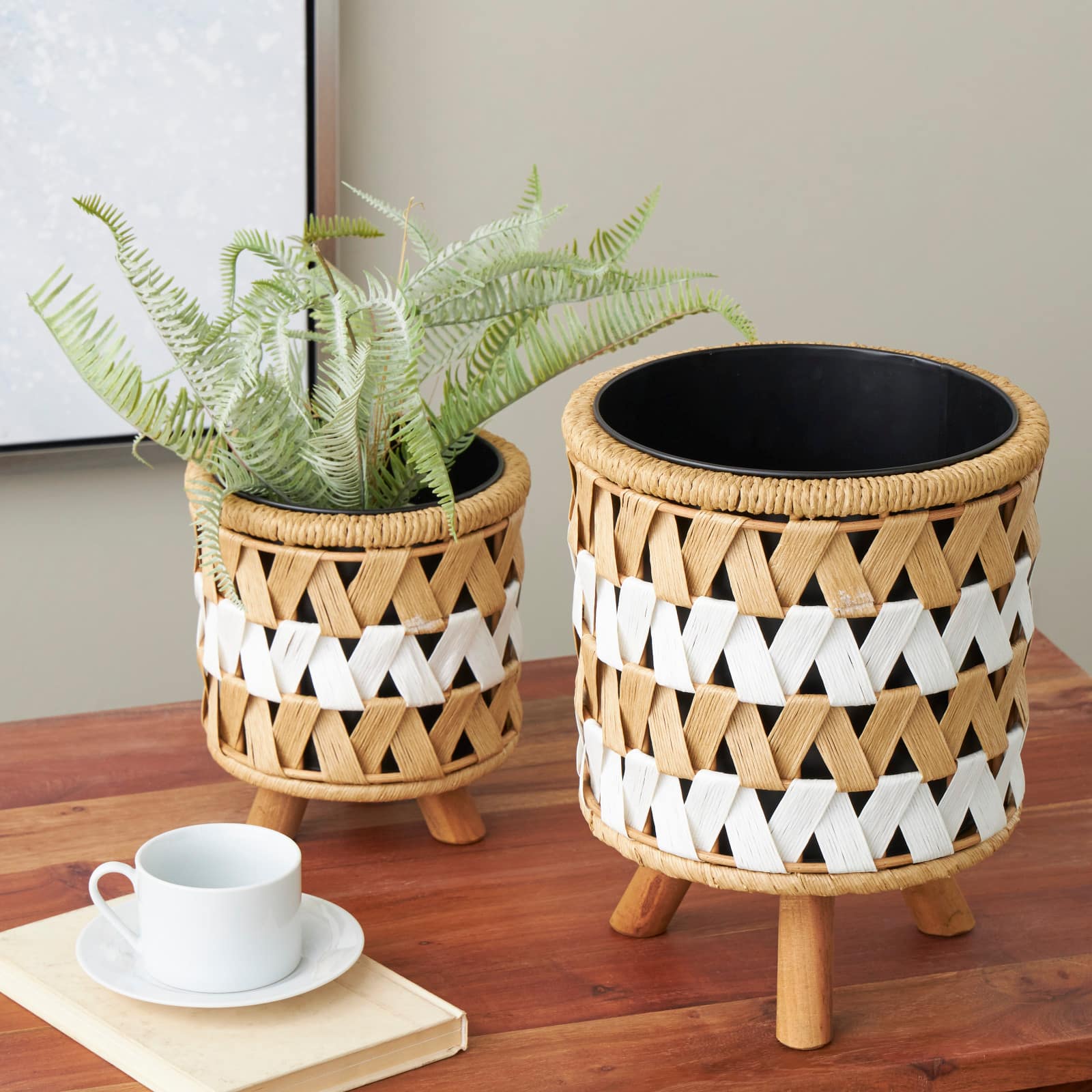 Brown Jute Rope Geometric Woven Chevron Planter Set
