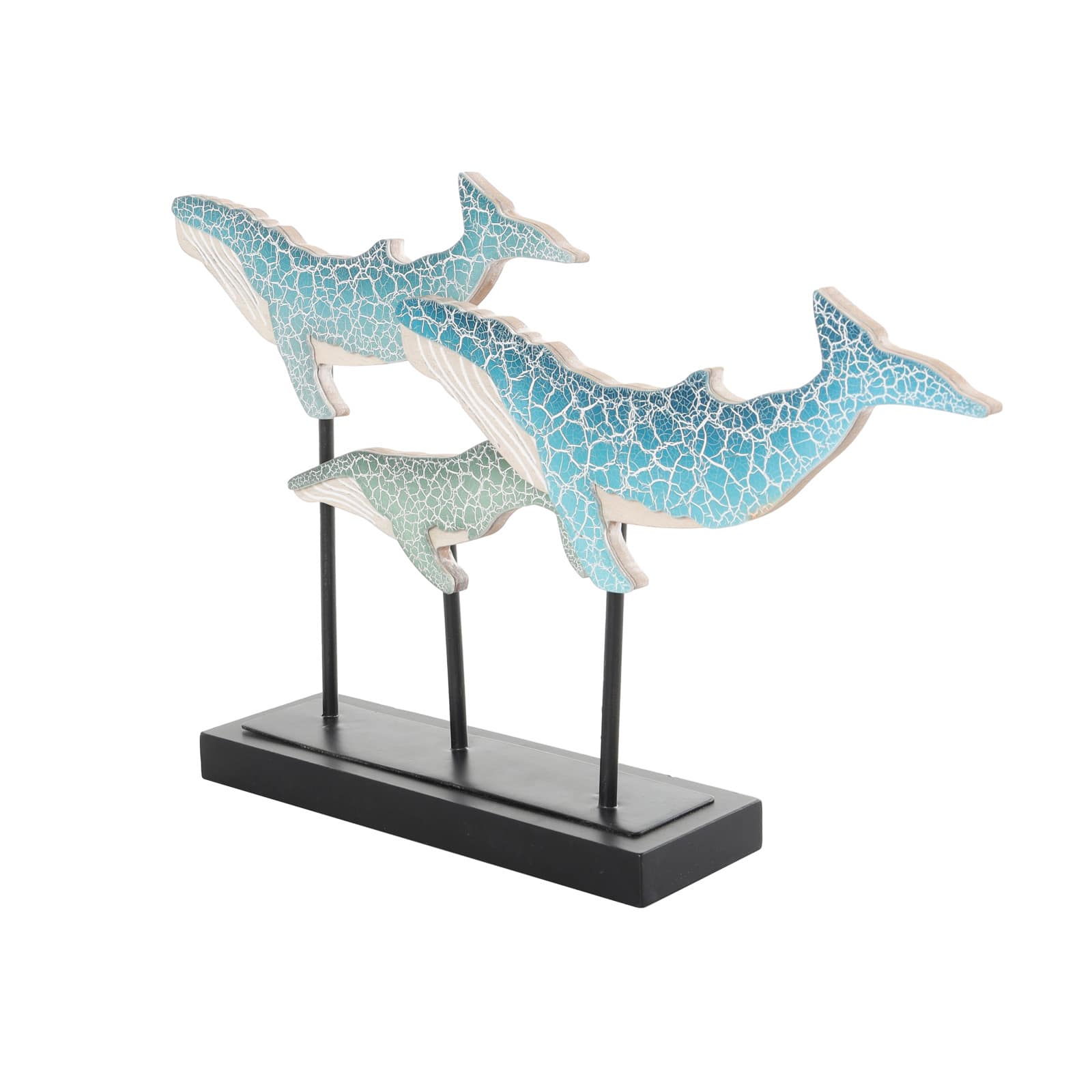 20&#x22; Blue Wooden Whale Textured Sculpture with Black Metal Stand