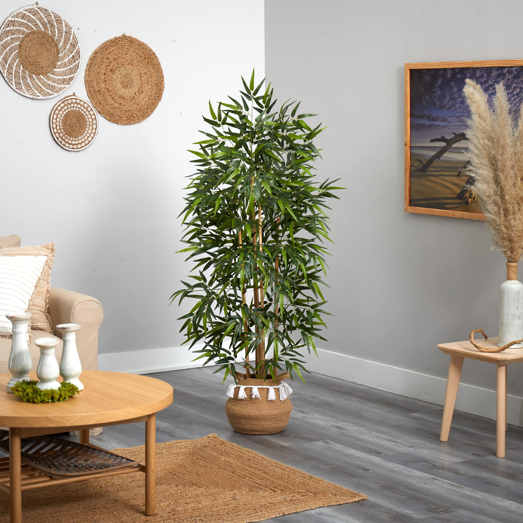 64" Bamboo Artificial Tree with Natural Bamboo Trunks in Boho Chic Handmade Natural Cotton Woven Planter with Tassels