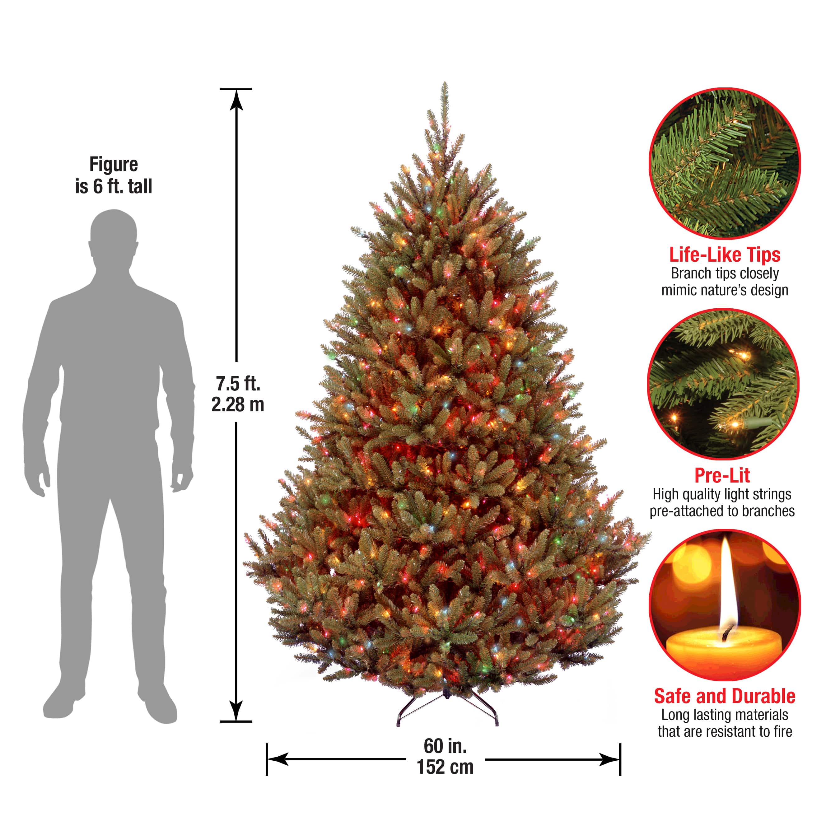 7.5ft. Pre-Lit Natural Fraser Medium Fir Artificial Christmas Tree, Multicolor Lights