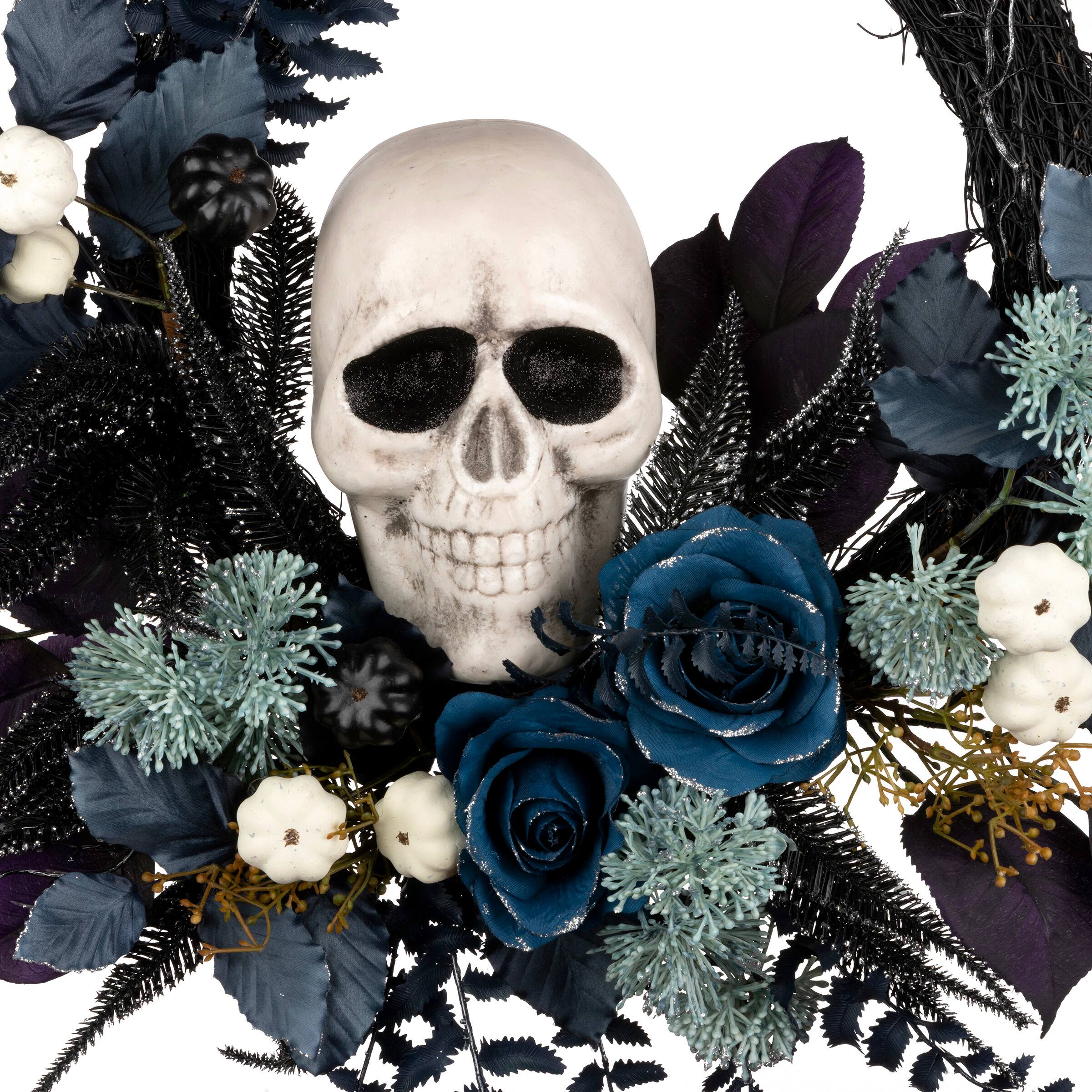 24&#x22; Halloween Flower &#x26; Skull Wreath
