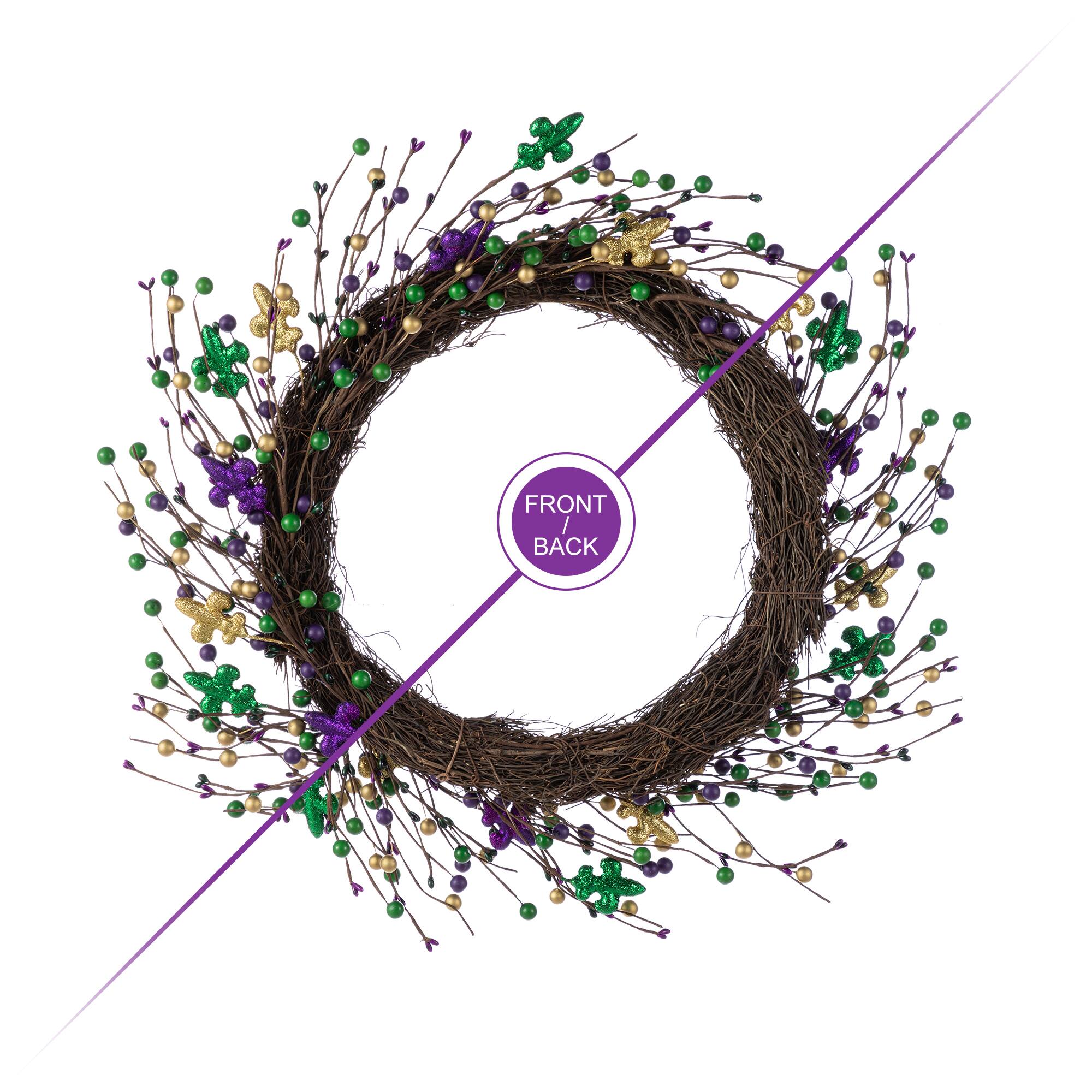 Glitzhome® 20" Mardi Gras Berry & Fleur-de-Lis Wreath