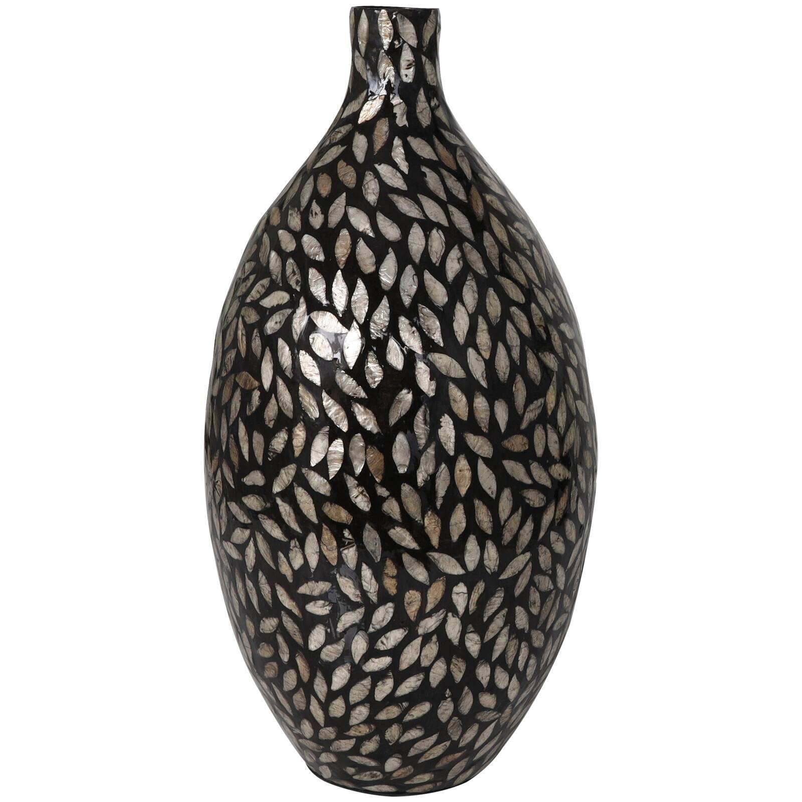 22&#x22; Black Mother of Pearl Handmade Mosaic Floral Inspired Vase