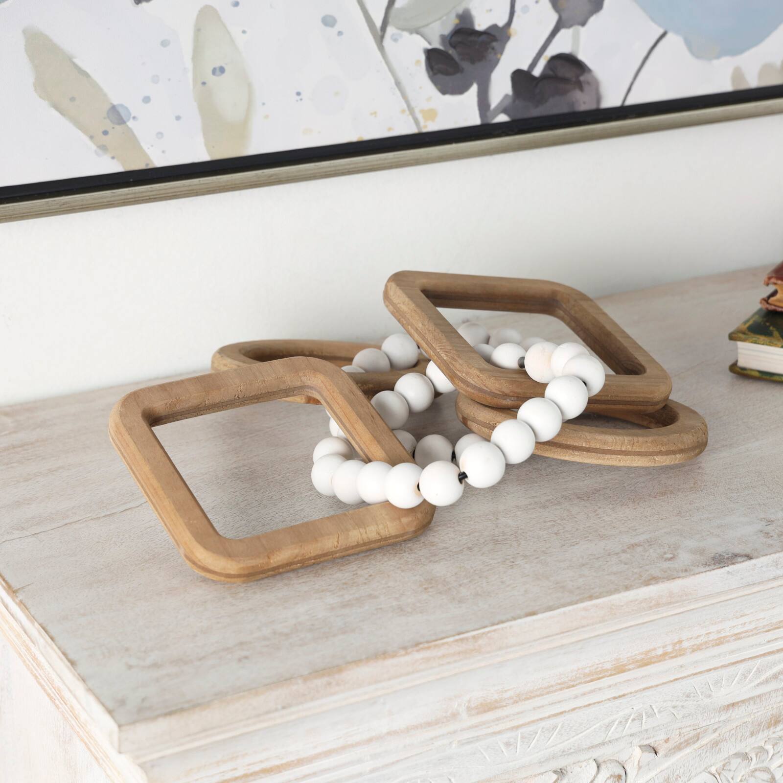 Brown Wood & Beaded Chain Geometric 3-Link Sculpture Set