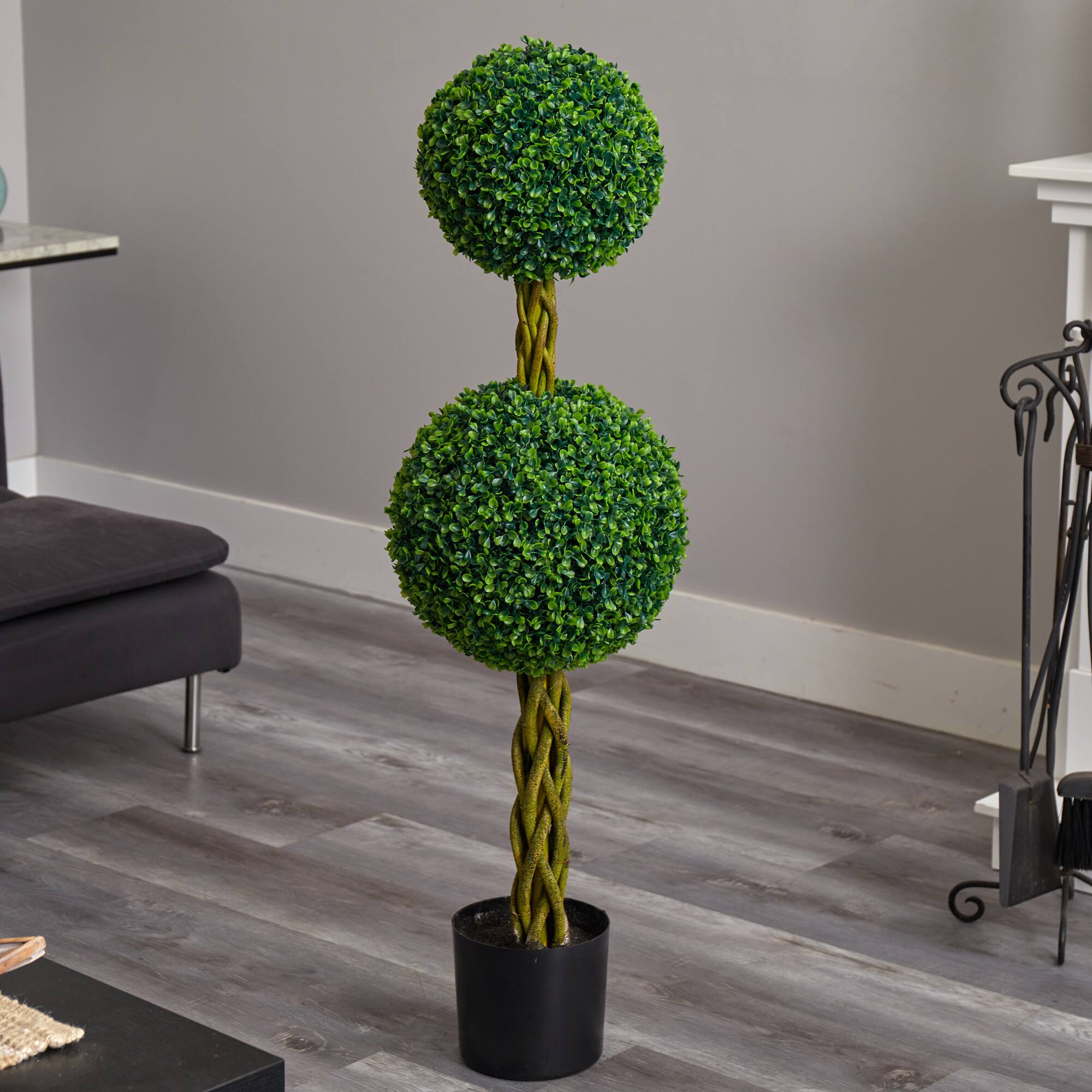 4ft. Potted Boxwood Double Ball Topiary Tree with Woven Trunk