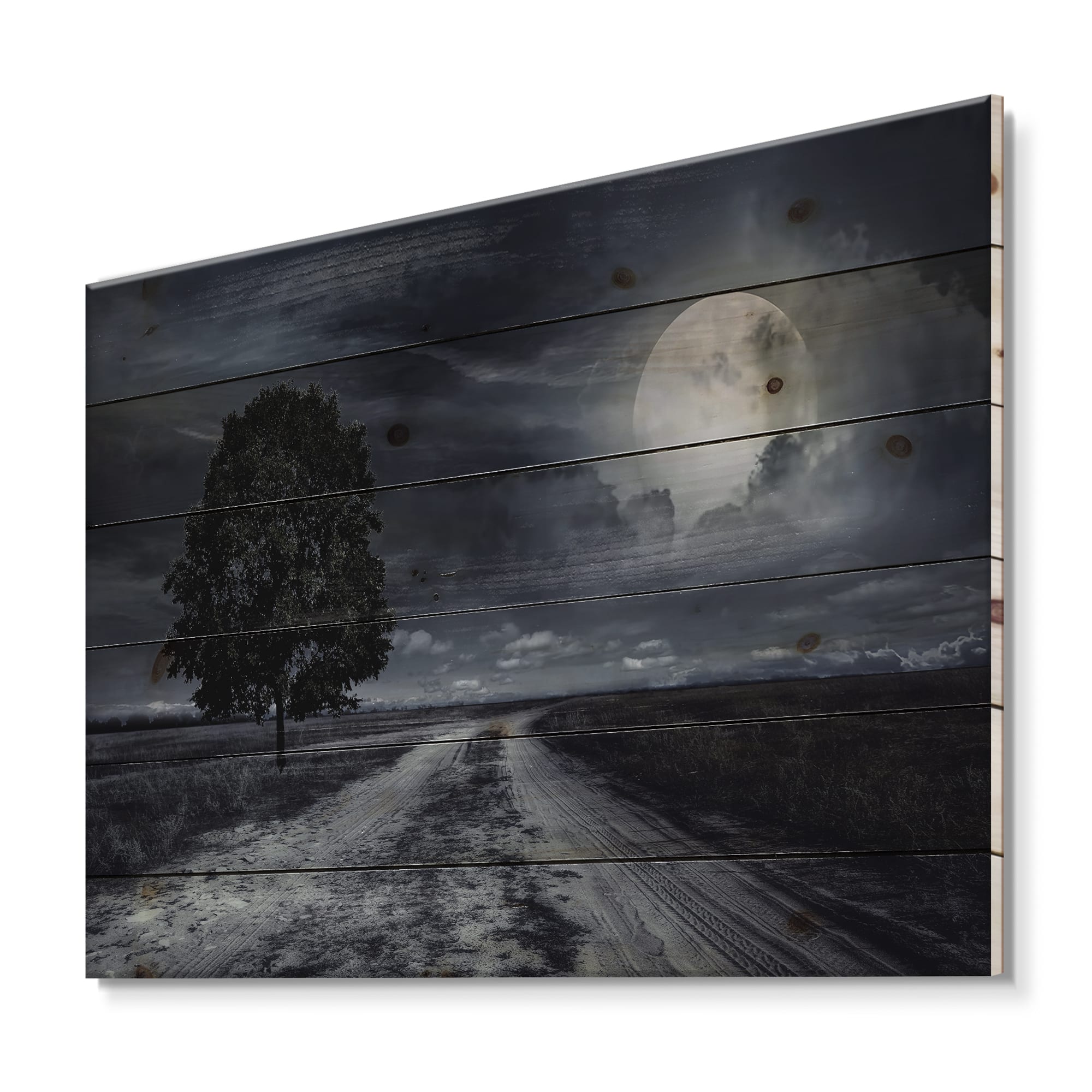 Designart - Paved Road Under A Full Moon - Nautical &#x26; Coastal Print on Natural Pine Wood