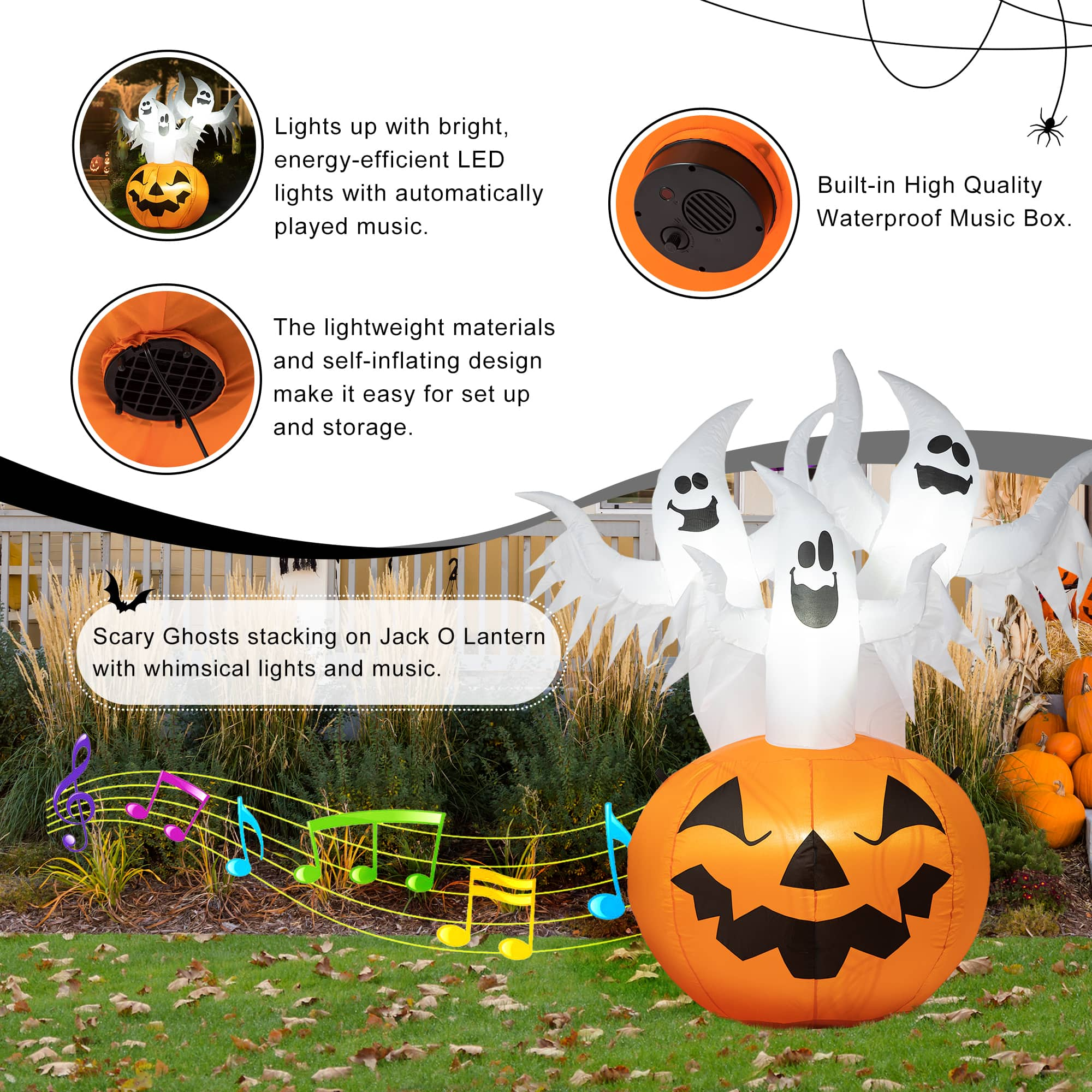 Glitzhome&#xAE; 6ft. Lighted 3 Ghosts In Jack-O&#x27;-Lantern Pumpkin with Scream Inflatable D&#xE9;cor