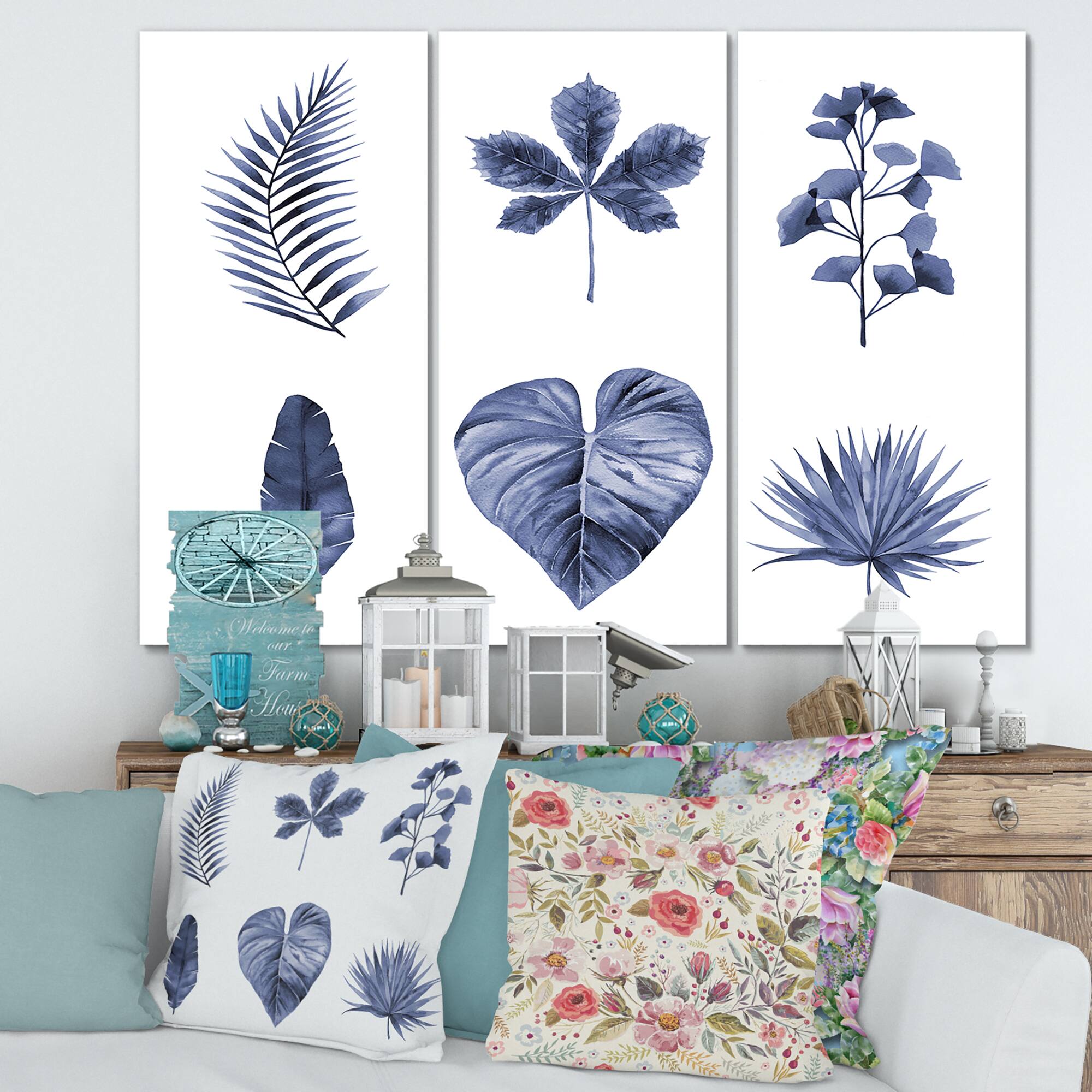 Designart - Abstract Blue Set Of Plant Leaves