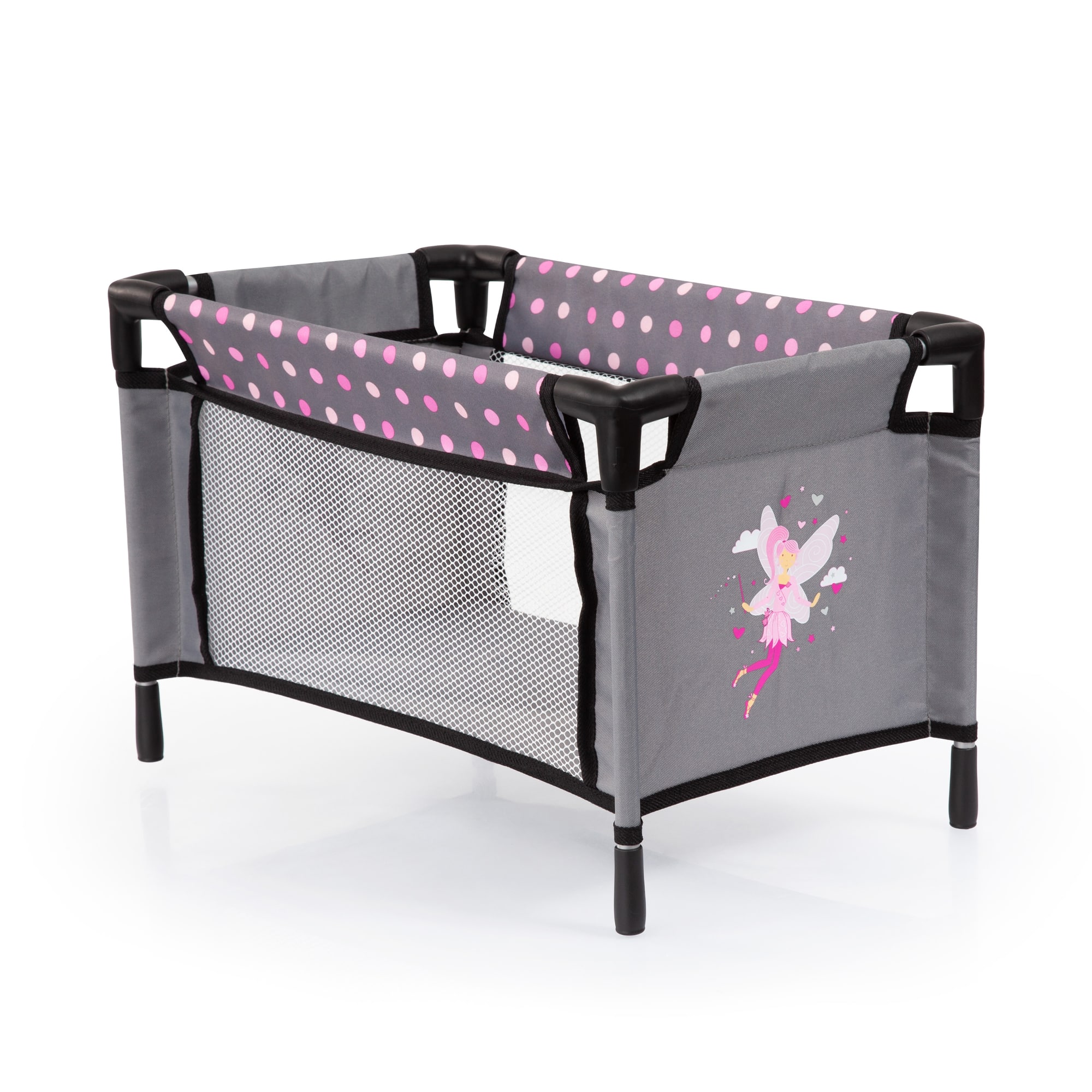 Bayer Design Black &#x26; Pink Dots Baby Doll Travel Bed &#x26; Accessories Set