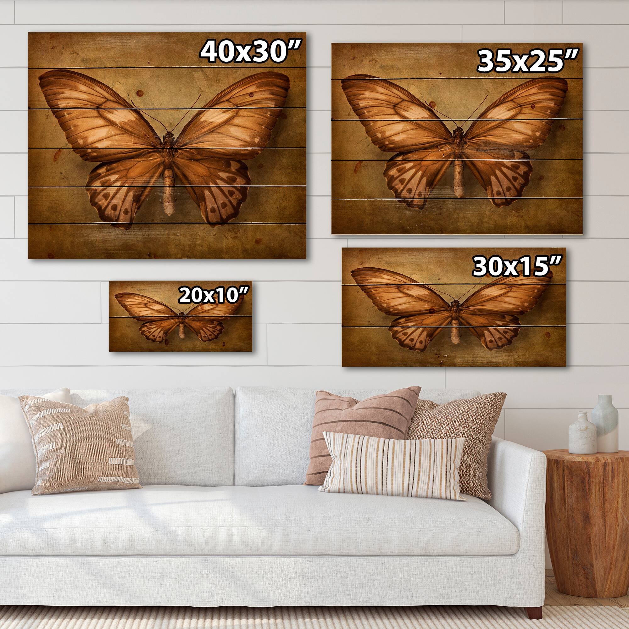 Designart - Vintage Butterfly In Earth Tones - Vintage Print on Natural Pine Wood