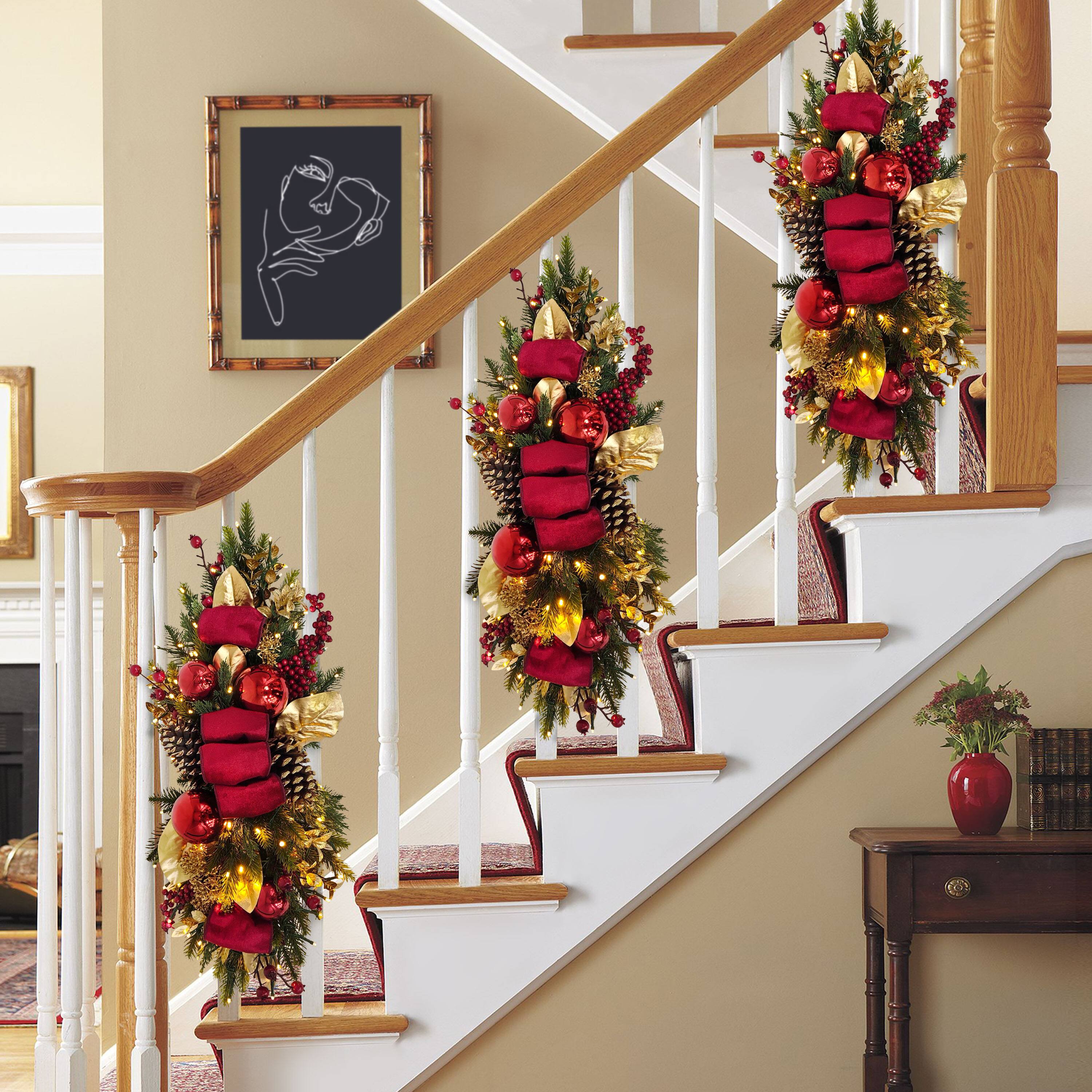28" Pre-Lit Red & Gold Adorned Artificial Banister Swag with Pinecones & Berries