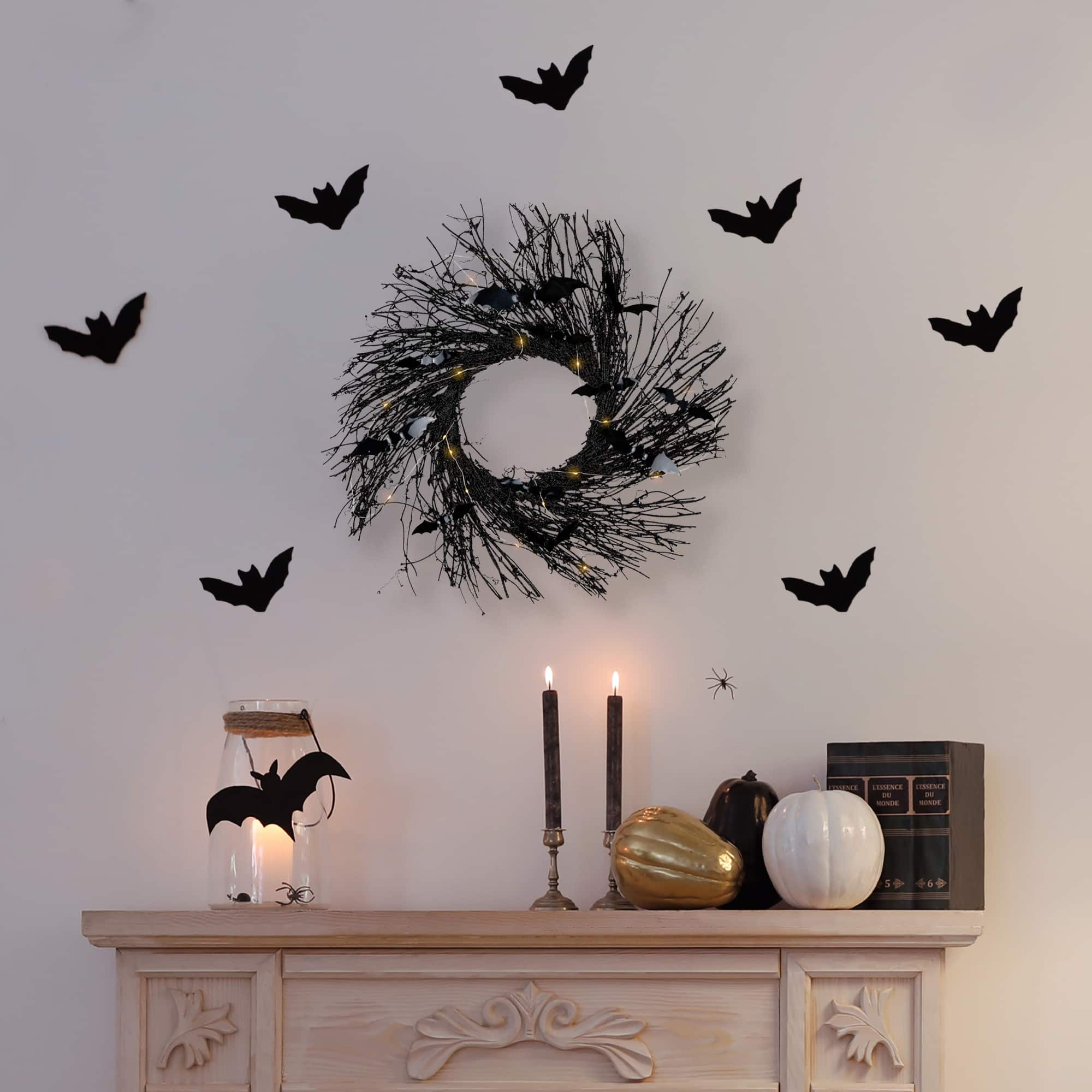 22" Black Pre-Lit Halloween Twig Wreath with Bats