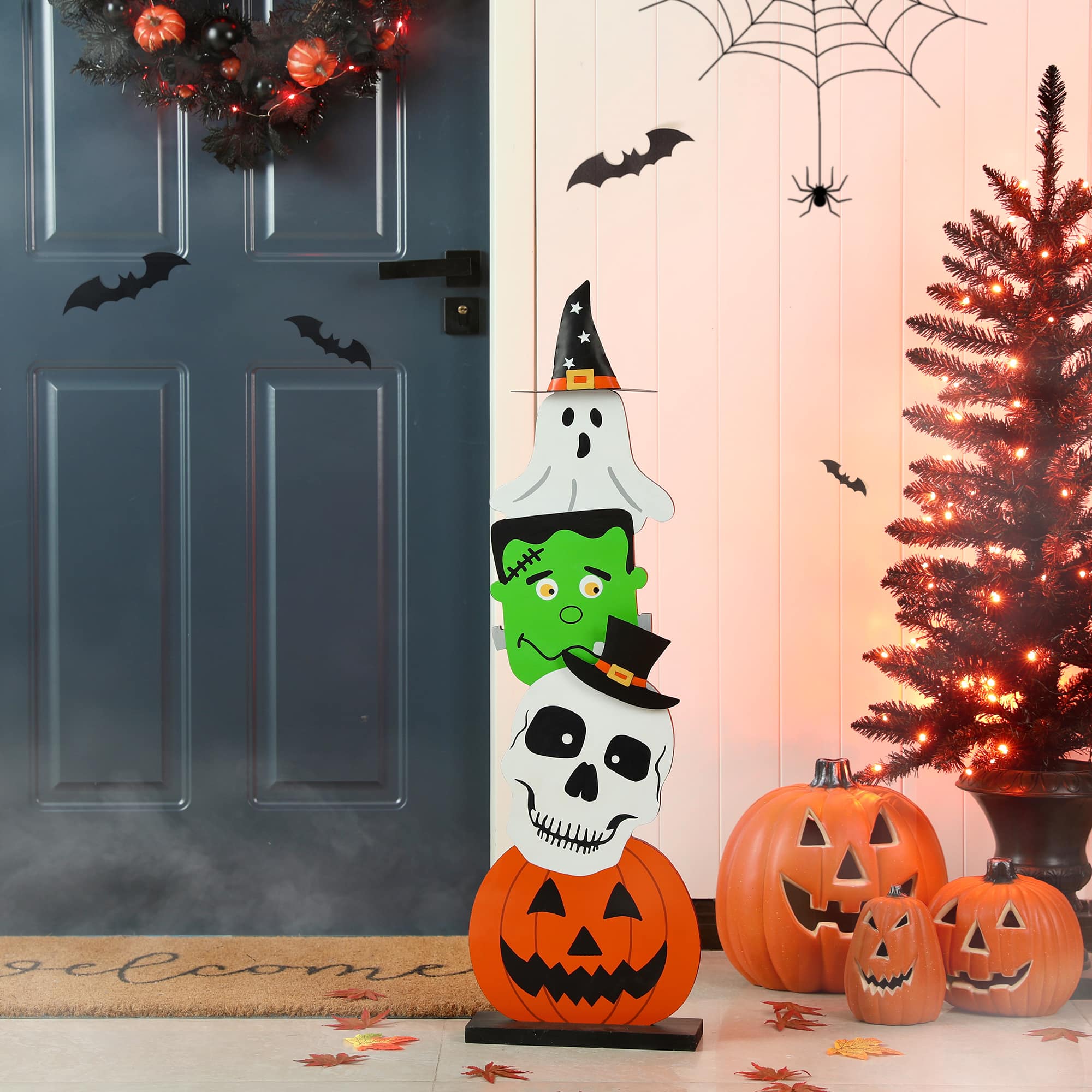 Glitzhome&#xAE; 36&#x22; Halloween Wood Stacked Ghost, Frankenstein, Skull &#x26; Pumpkin Porch D&#xE9;cor