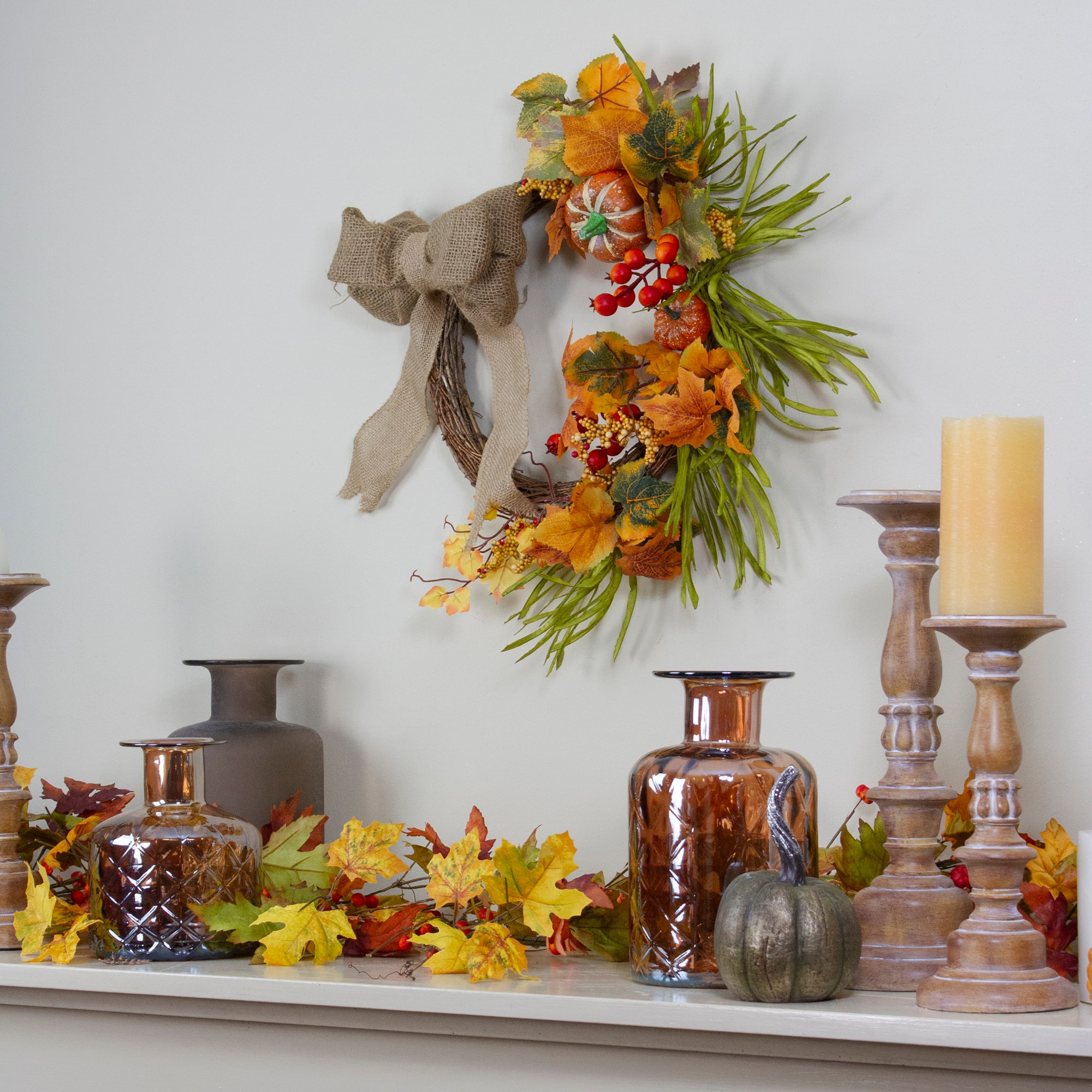 20" Autumn Harvest Decorative Artificial Pumpkins, Berries and Leaves Wreath with Burlap Bow