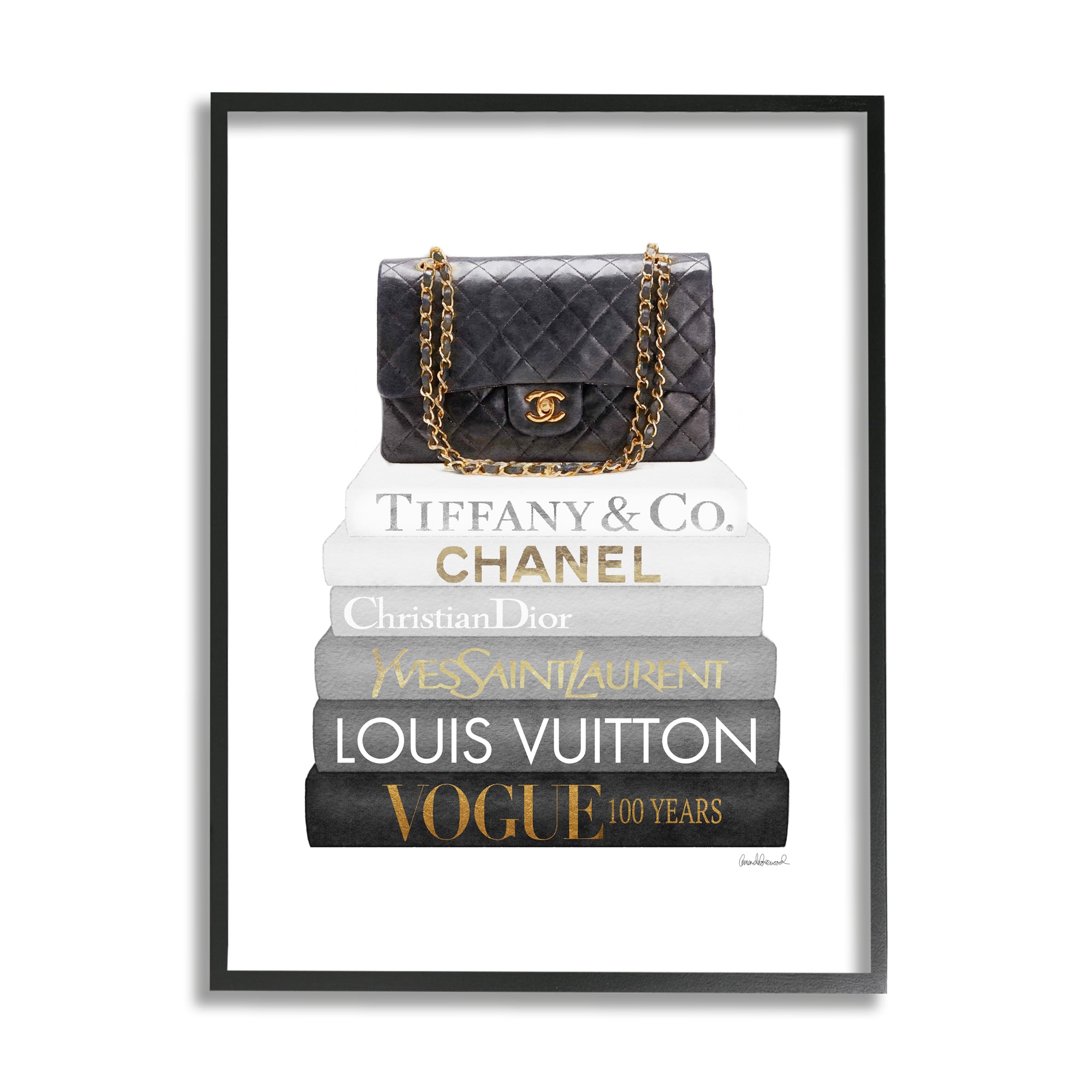 Stupell Industries Black Glam Purse Chic Modern Bookstack Framed Wall Art