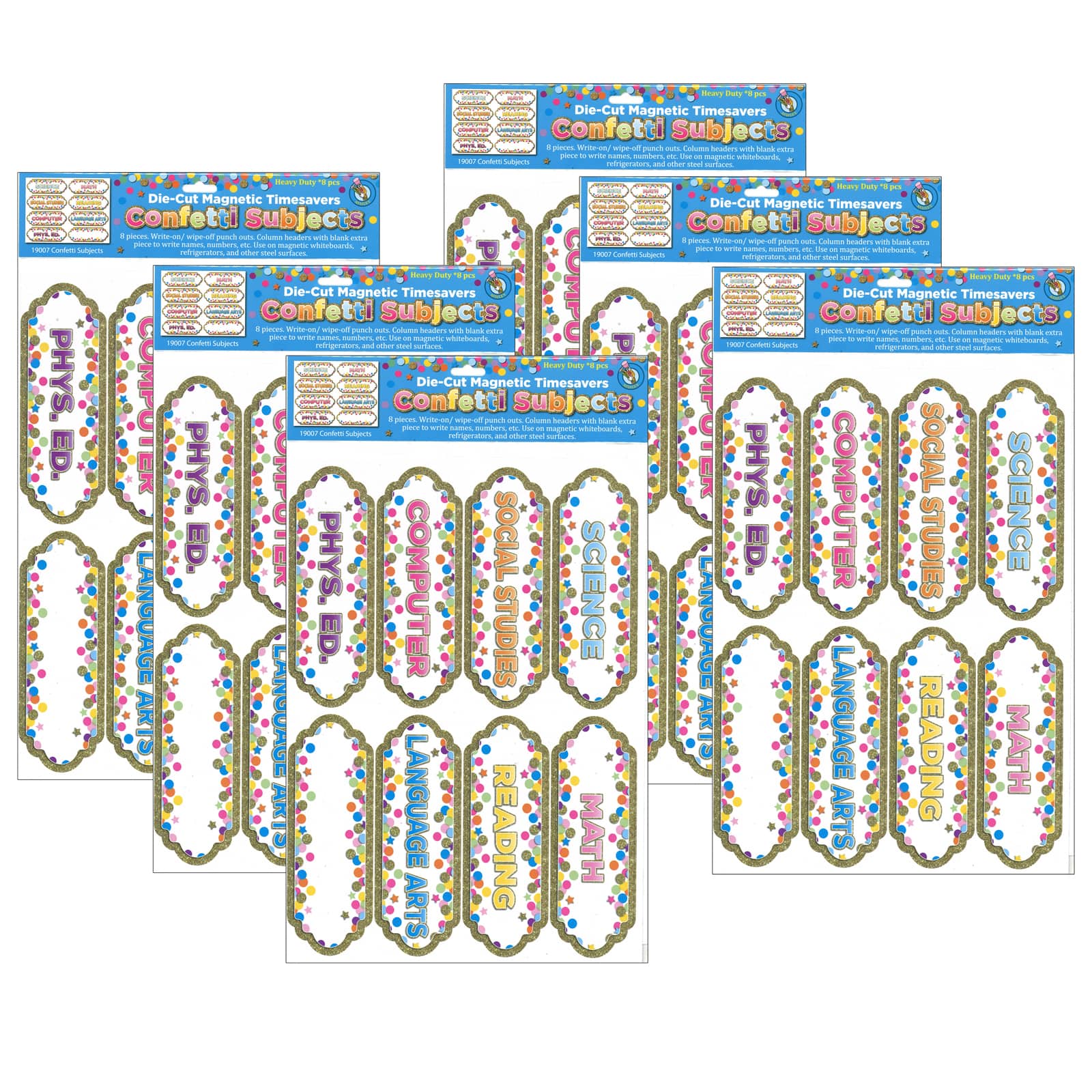 Ashley Productions Confetti Classroom Subjects Magnetic Die-Cut Timesavers & Labels, 6 Packs of 8